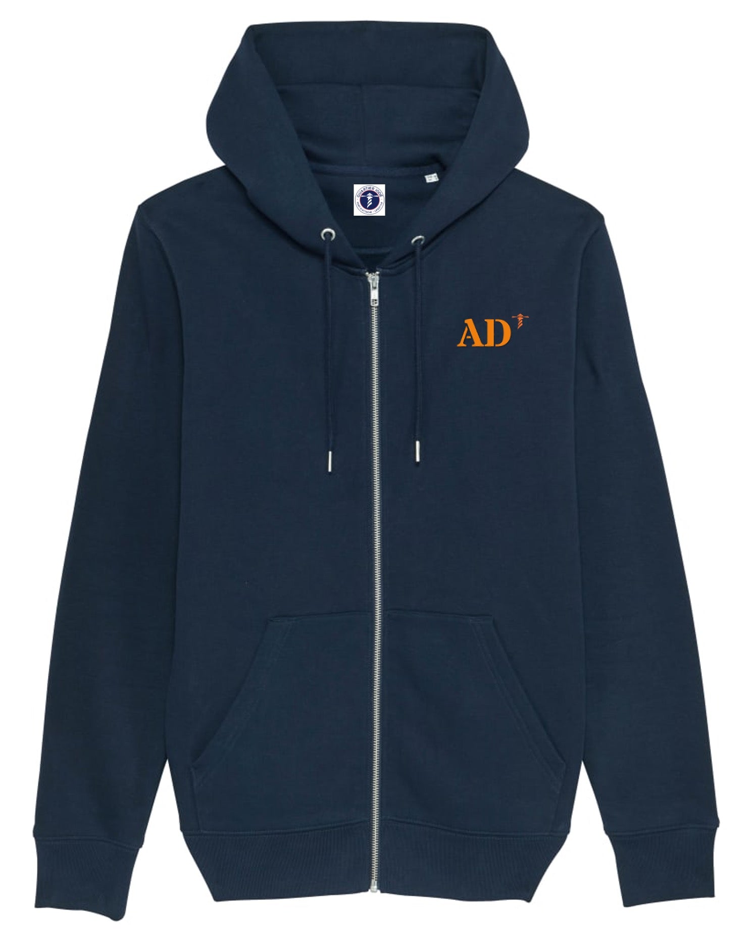 SWEAT CAPUCHE ZIP QUARTIER IODE AD AUDIERNE, hoodie breton bord de mer, en coton bio. Idéal pour hommes et femmes., déclinable pour tous les ports de la bretagne. Bleu marine et orange.