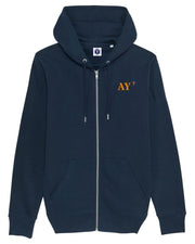 SWEAT CAPUCHE ZIP QUARTIER IODE AY AURAY, hoodie breton bord de mer, en coton bio. Idéal pour hommes et femmes., déclinable pour tous les ports de la bretagne. Bleu marine et orange.