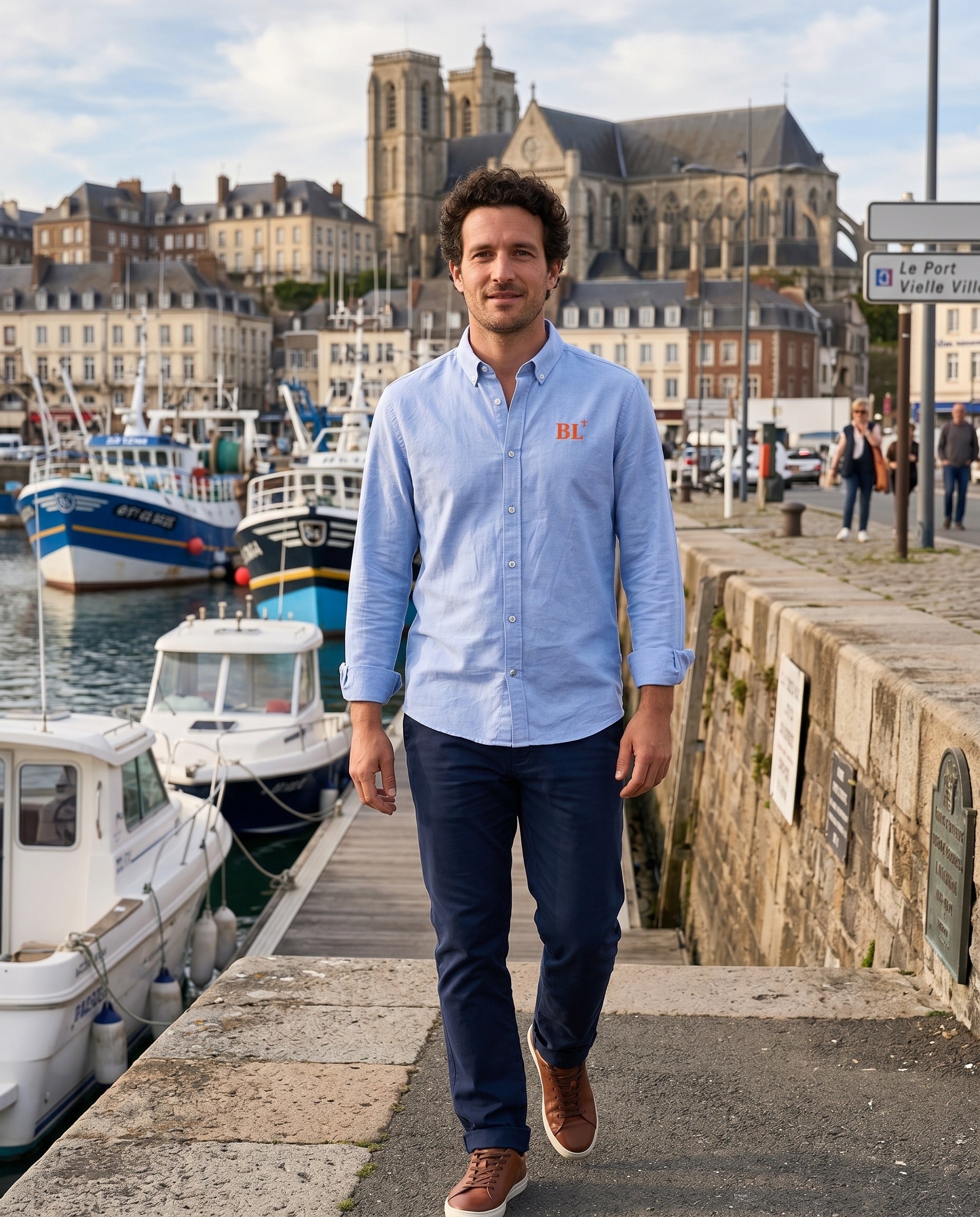 Chemise brodé BL Boulogne-sur-mer Bleu Ciel - Orange, quartier iodé