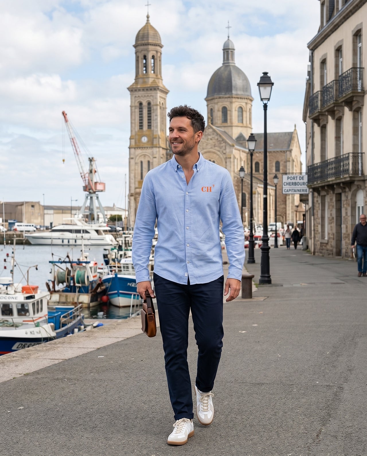 Chemise brodé CH Cherbourg Bleu Ciel - Orange, quartier iodé