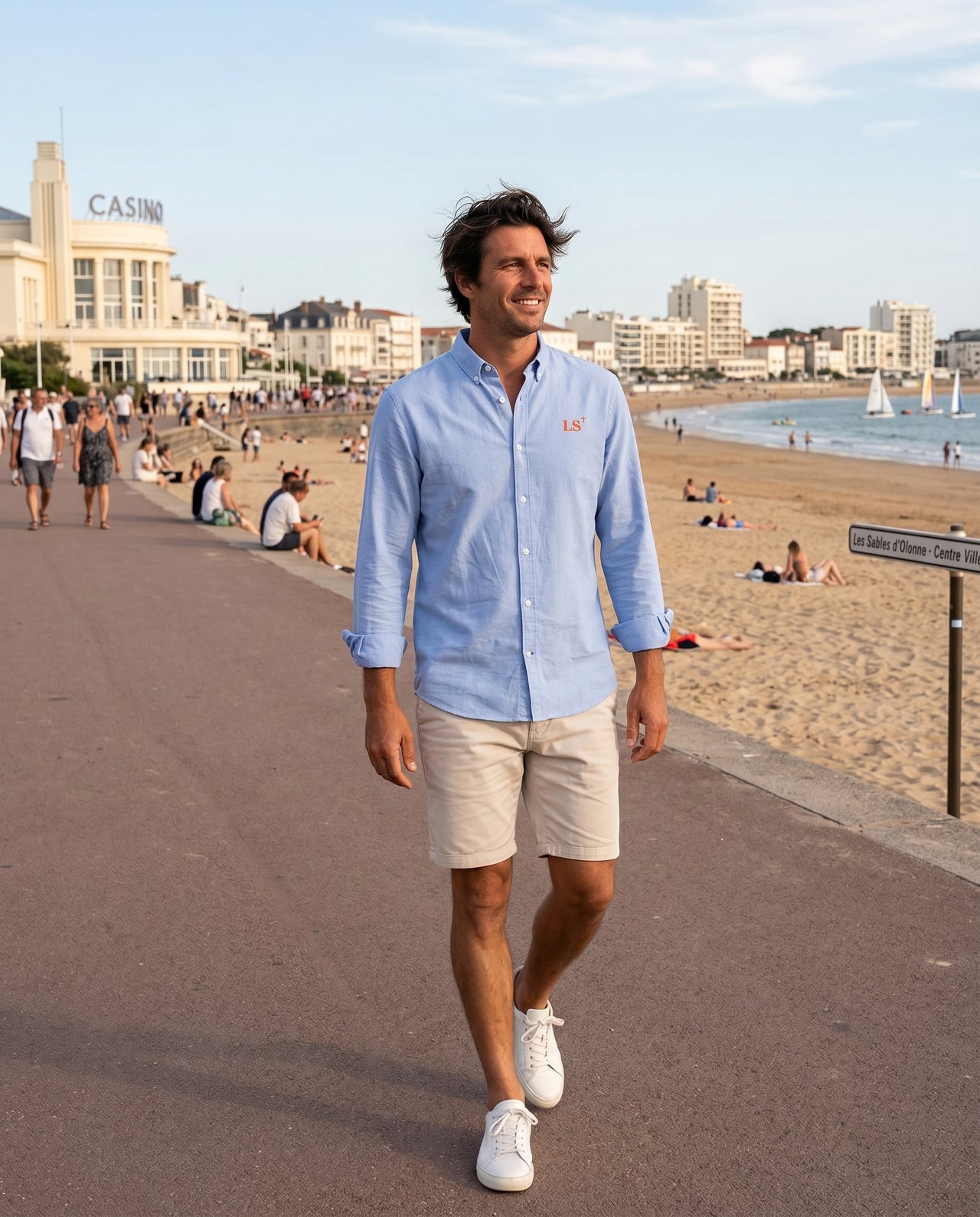 Chemise brodé LS Les Sables d'Olonne Bleu Ciel - Orange, quartier iodé
