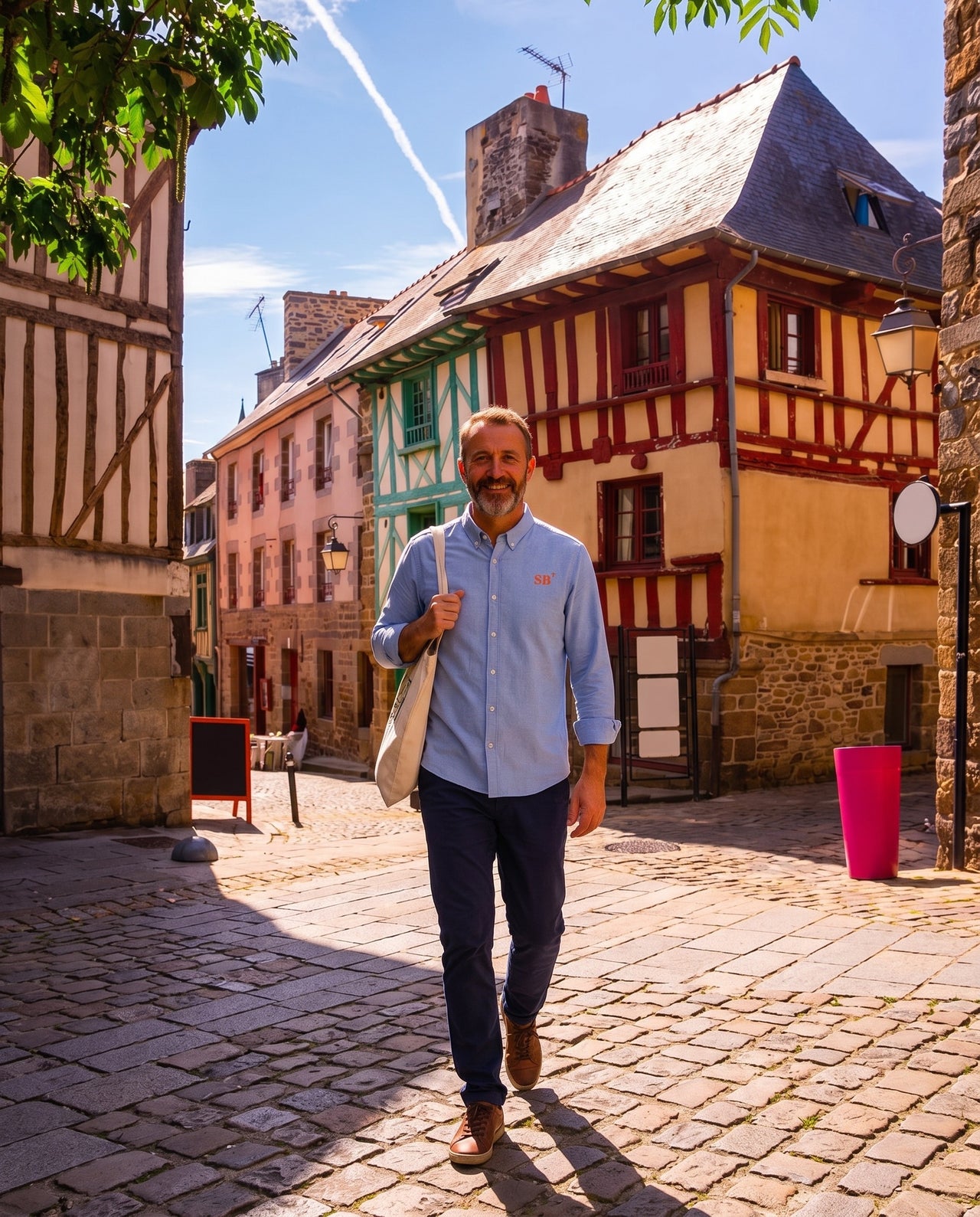 Chemise brodé SB Saint-Brieuc Bleu Ciel - Orange, quartier iodé