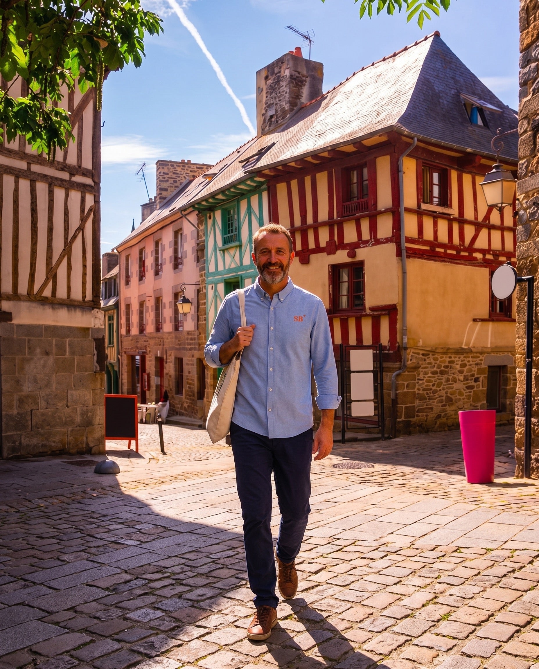 Chemise brodé SB Saint-Brieuc Bleu Ciel - Orange, quartier iodé