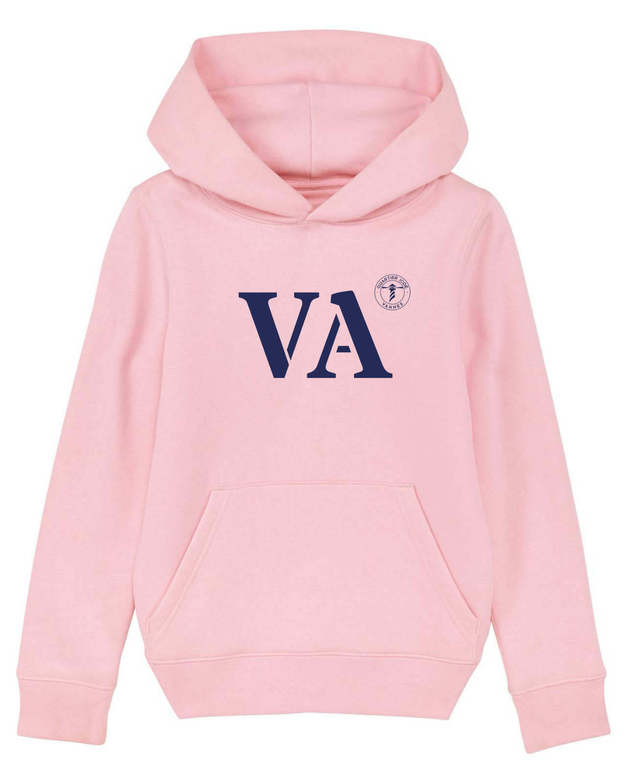 Sweat capuche rose avec votre port d'attache Vannes VA en coton biologique pour un look décontracté et très confort.