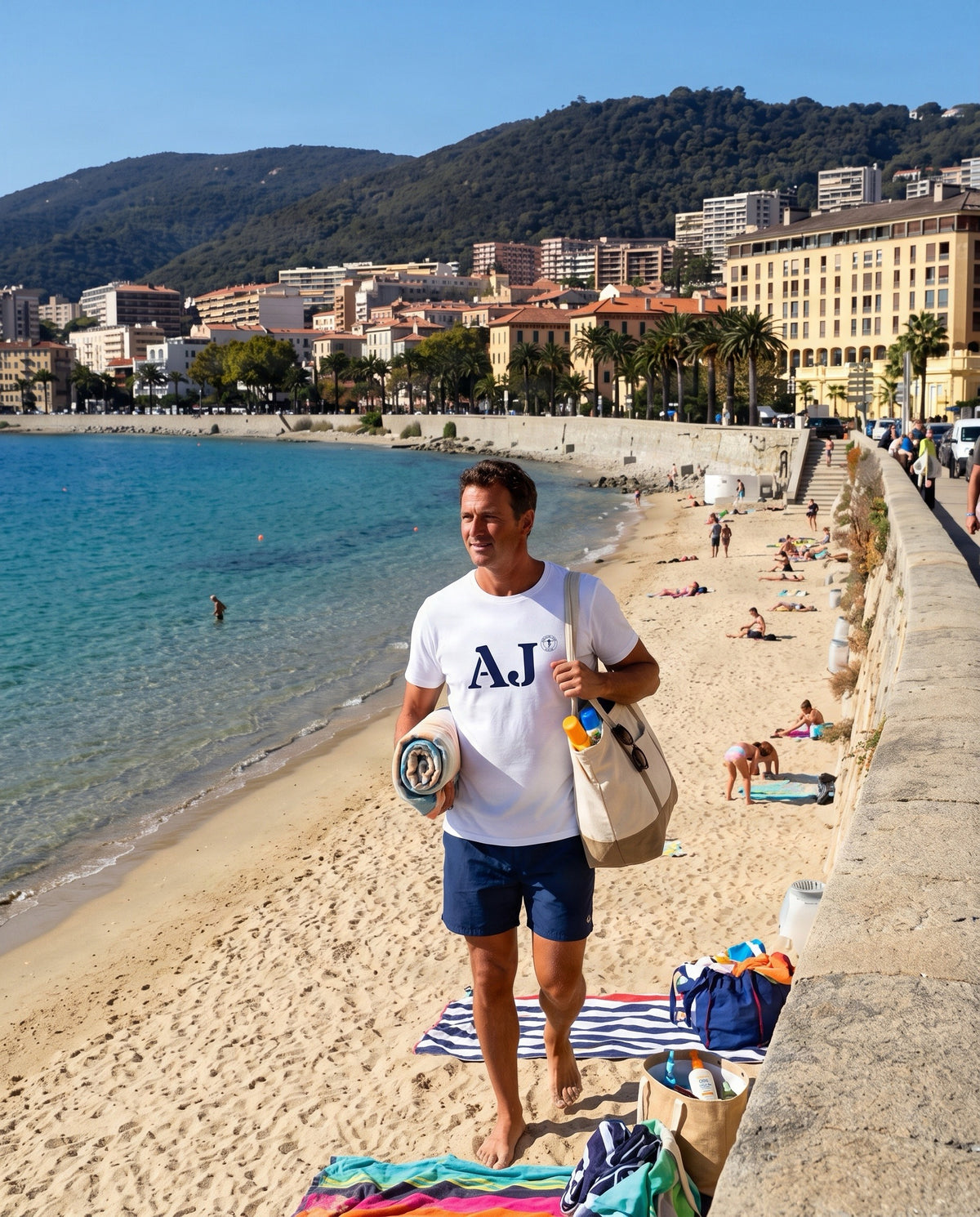 T-shirt Ajaccio AJ - Blanc et Bleu Marine