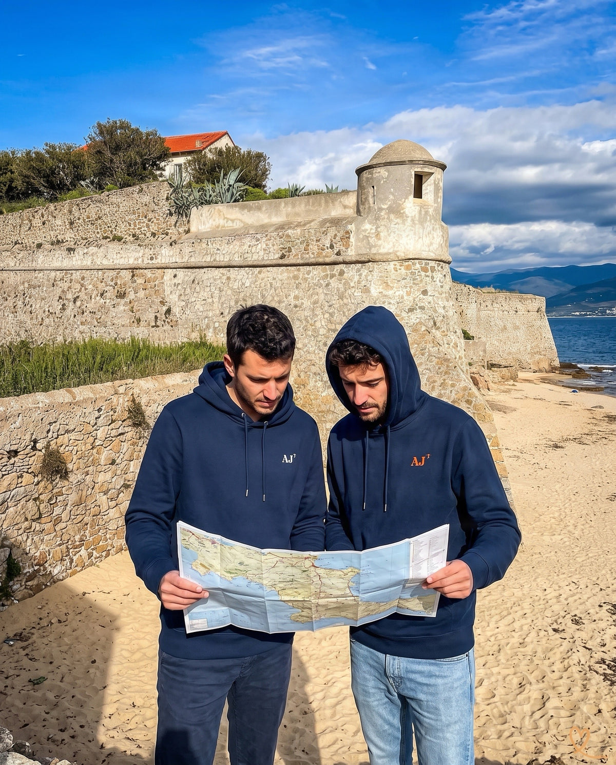 Sweat à capuche Ajaccio AJ Bleu Marine brodé Orange - Blanc
