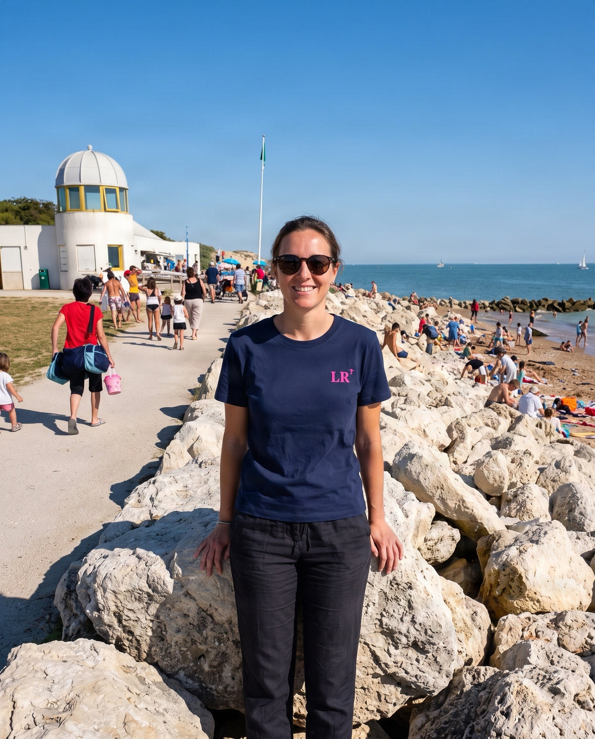 T-shirt brodé La Rochelle LR Bleu Marine et Rose - Femme