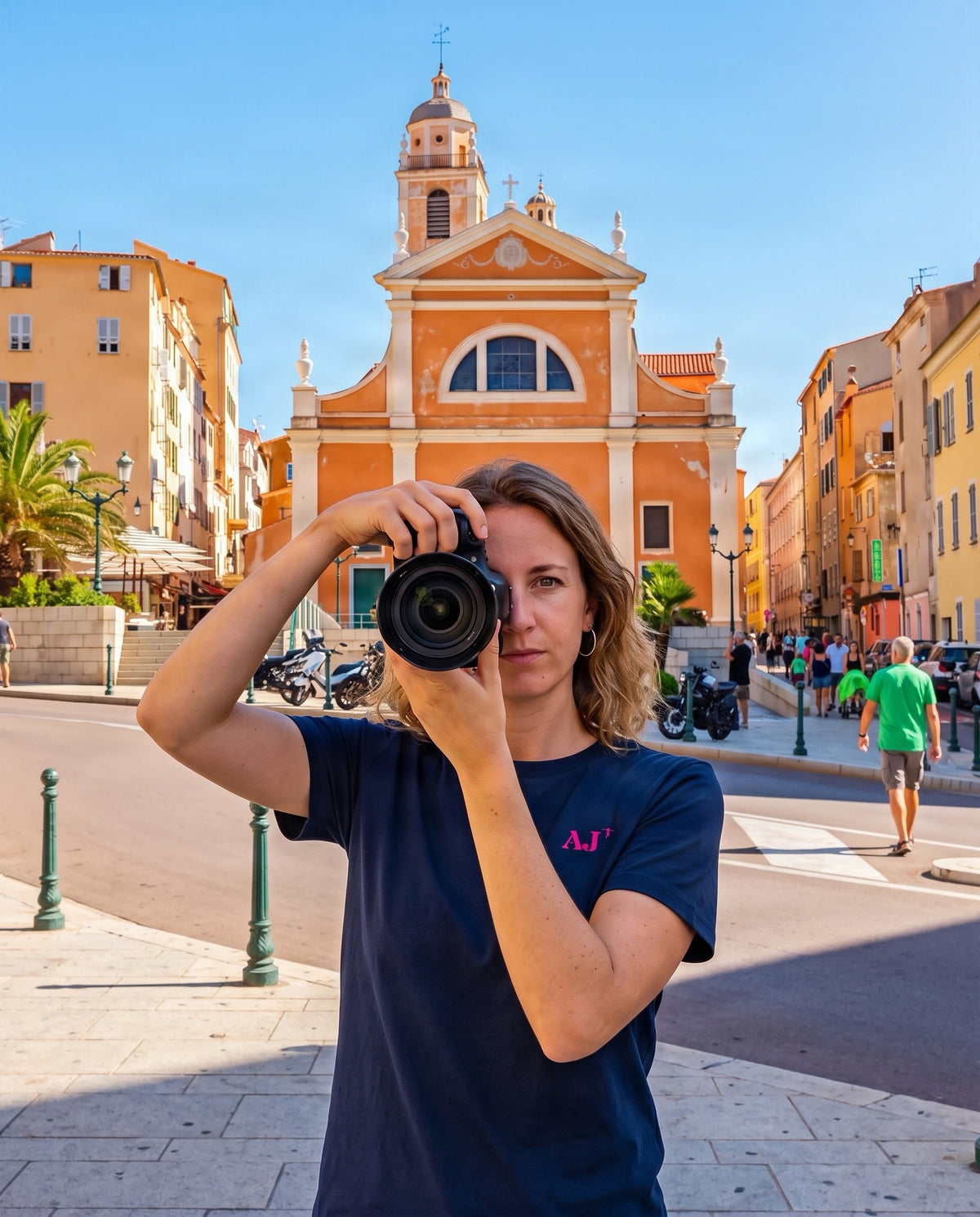 T-shirt brodé Ajaccio AJ - Bleu Marine et Rose - Femmes