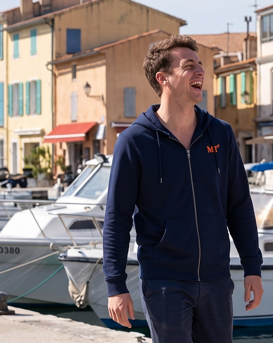 Sweat à capuche zippé Marseille "MA" Bleu Marine et Orange - Unisexe