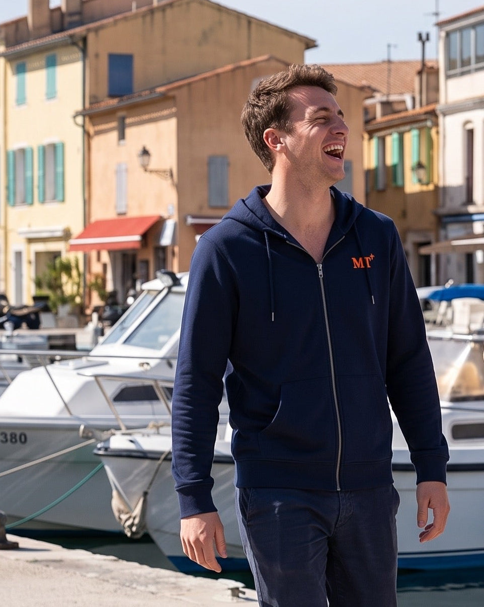 Sweat à capuche zippé Martigues "MT" Bleu Marine et Orange - Unisexe
