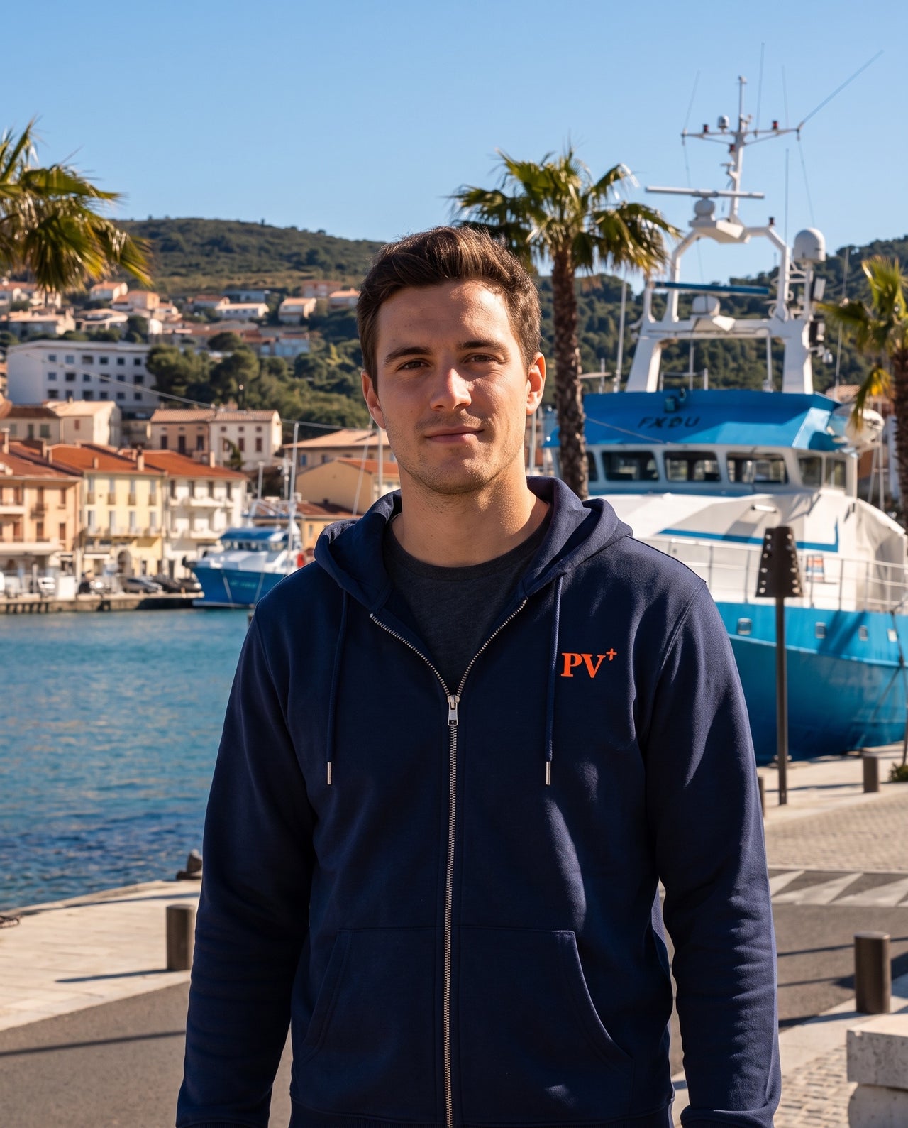 Sweat à capuche zippé Port-Vendres "PV" Bleu Marine et Orange - Unisexe