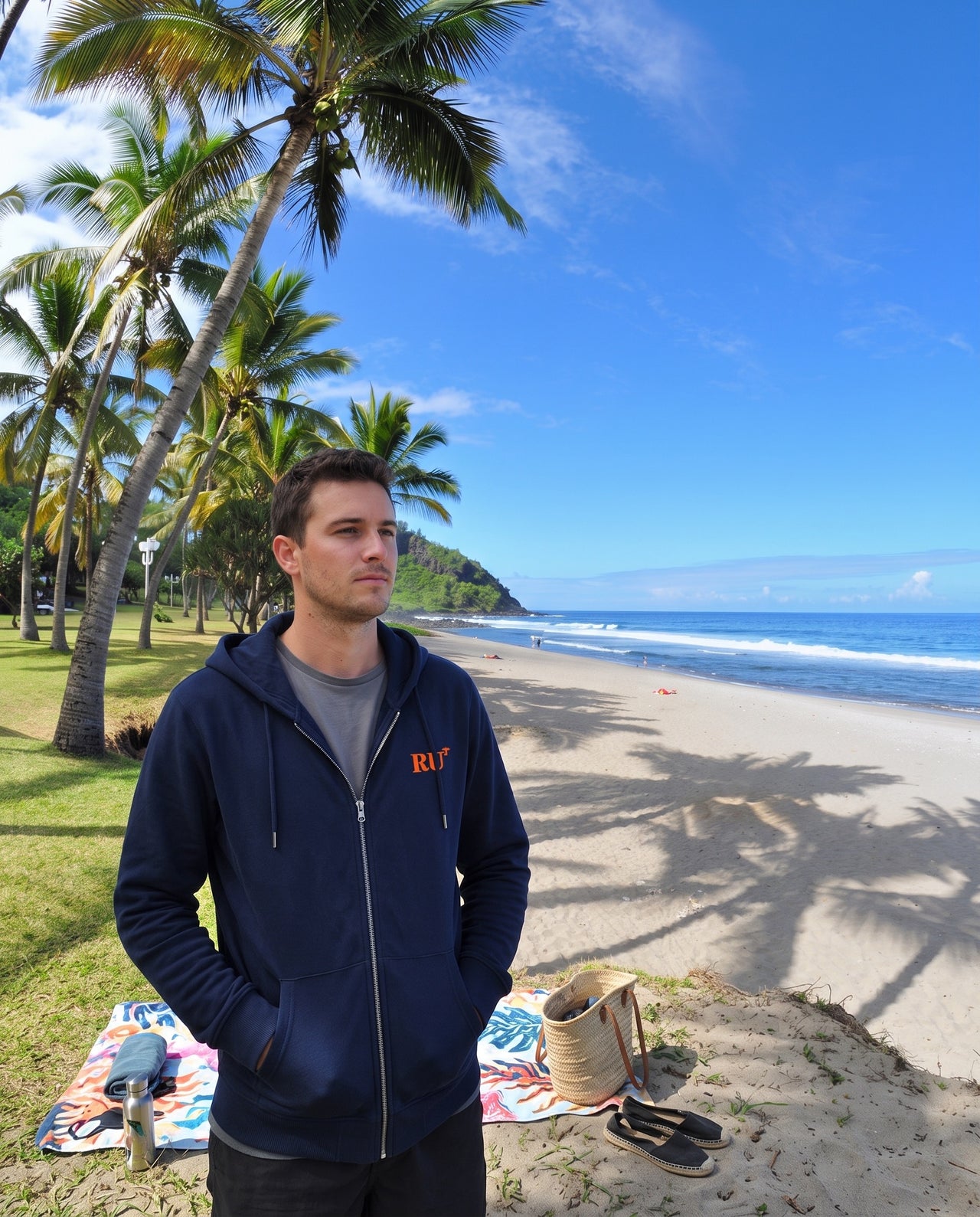 Sweat à capuche zippé La Réunion "RU" Bleu Marine et Orange - Unisexe