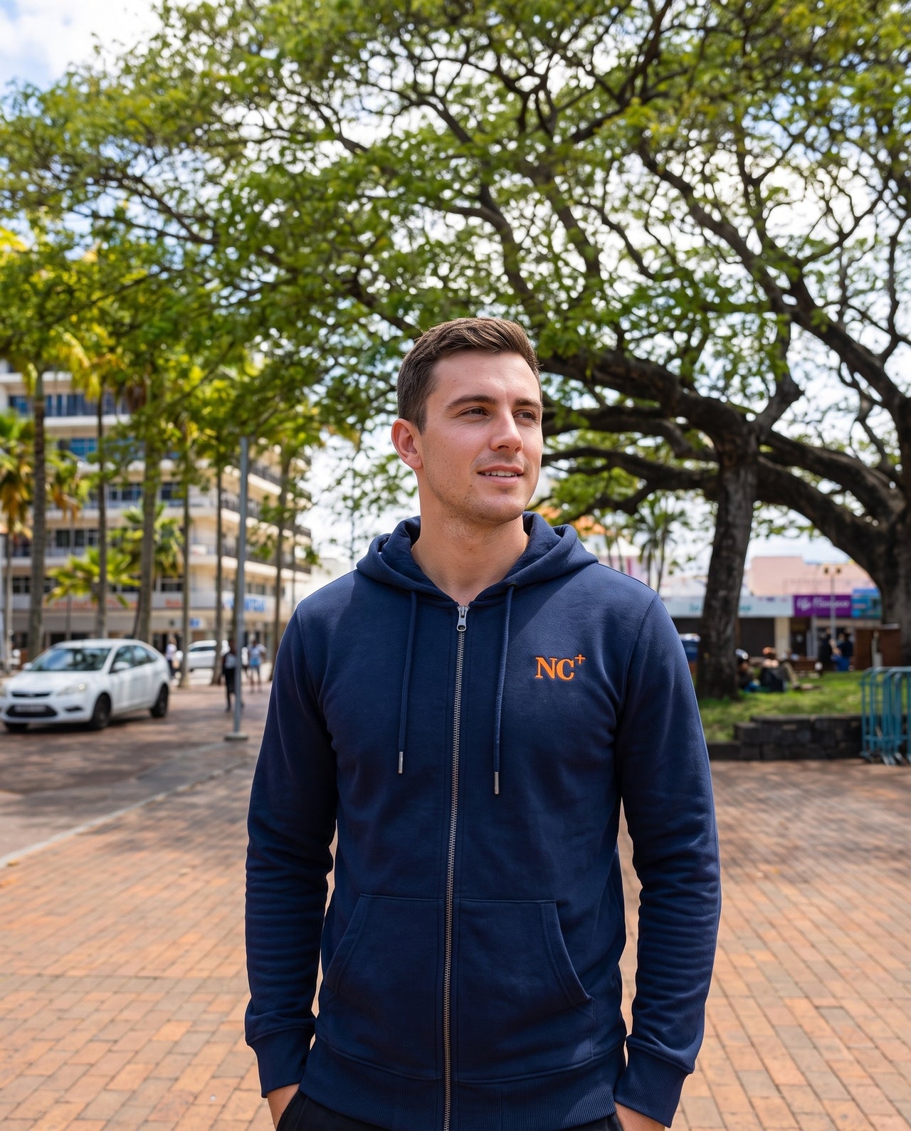 Sweat à capuche zippé Nouméa "NC" Bleu Marine et Orange - Unisexe