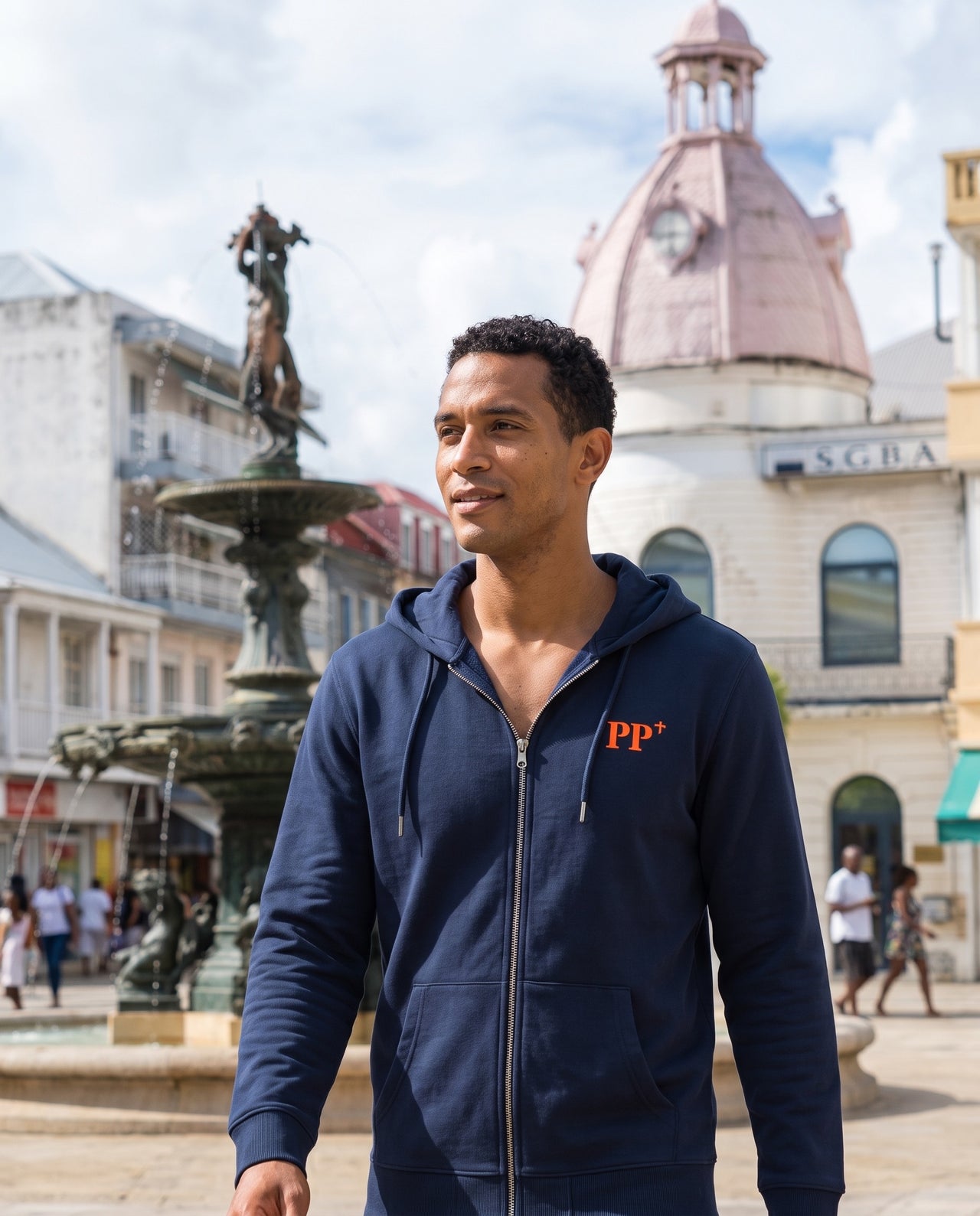 Sweat à capuche zippé Pointe-à-Pitre "PP" Bleu Marine et Orange - Unisexe