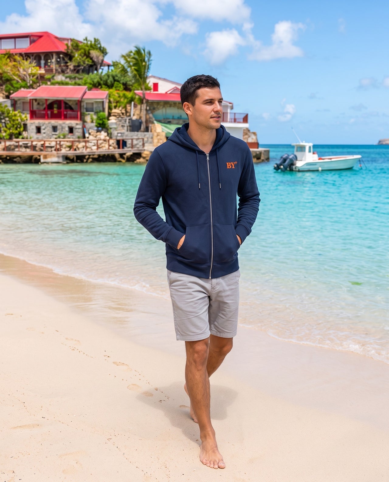 Sweat à capuche zippé Saint Barthélémy "BY" Bleu Marine et Orange - Unisexe