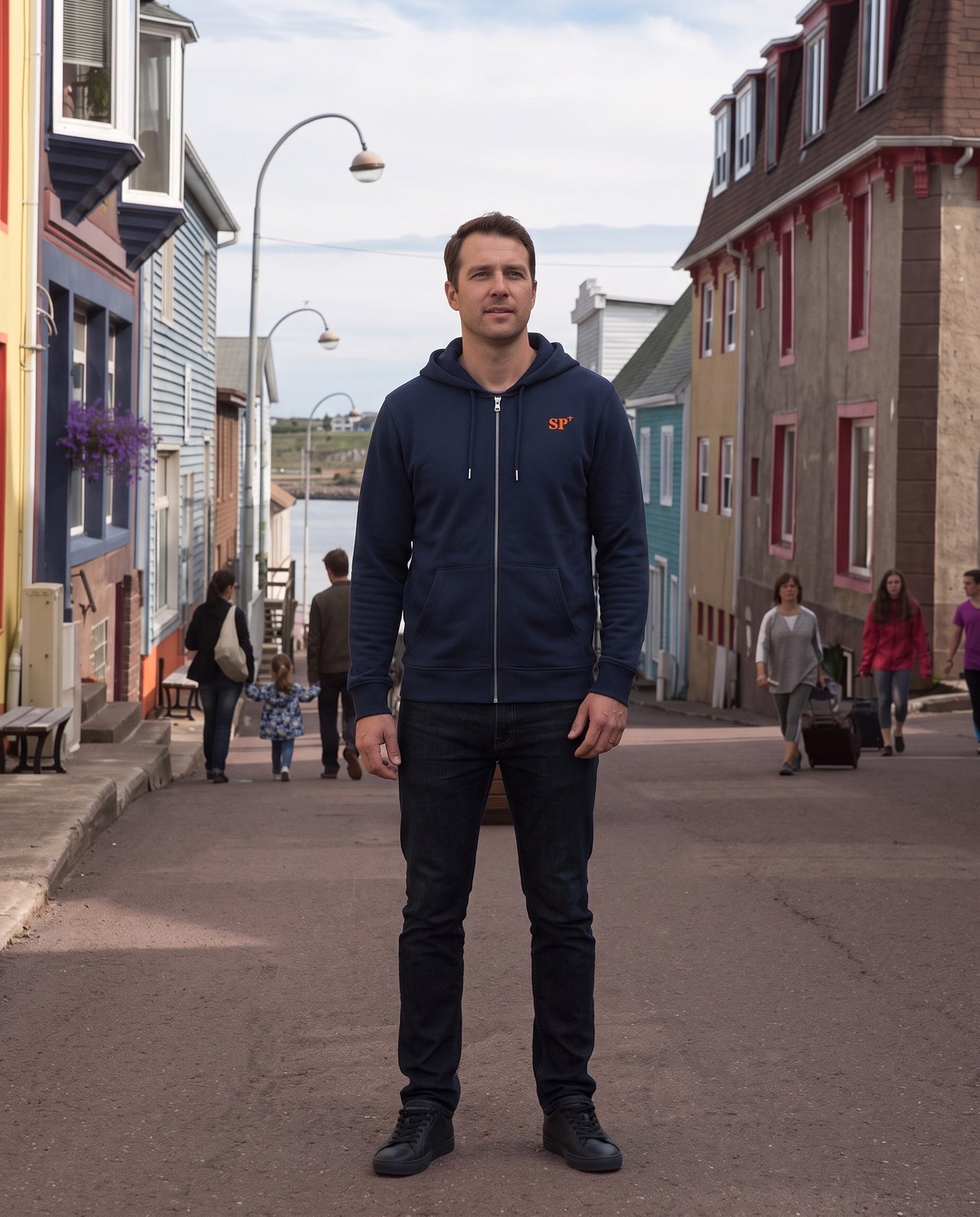 Sweat à capuche zippé Saint-Pierre-Et-Miquelon "SP" Bleu Marine et Orange - Unisexe