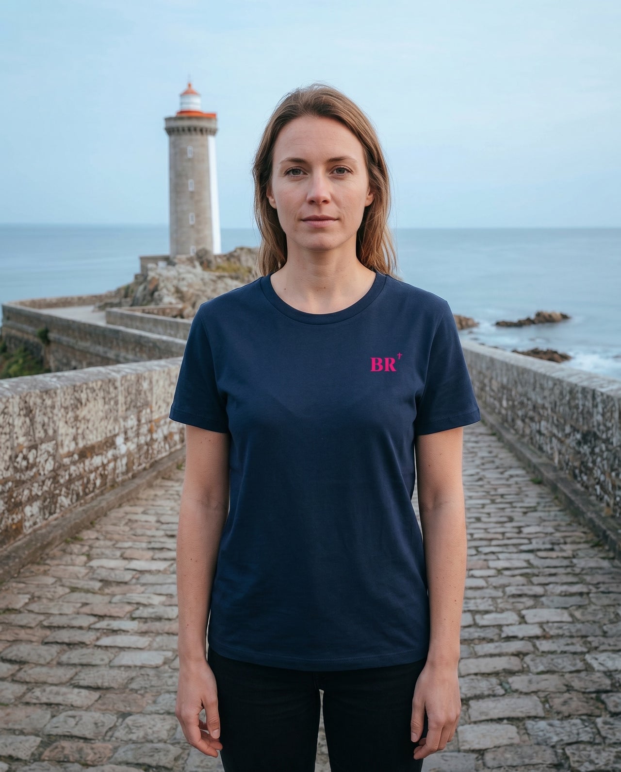 T-shirt brodé BR Brest Bleu Marine et Rose - Femme
