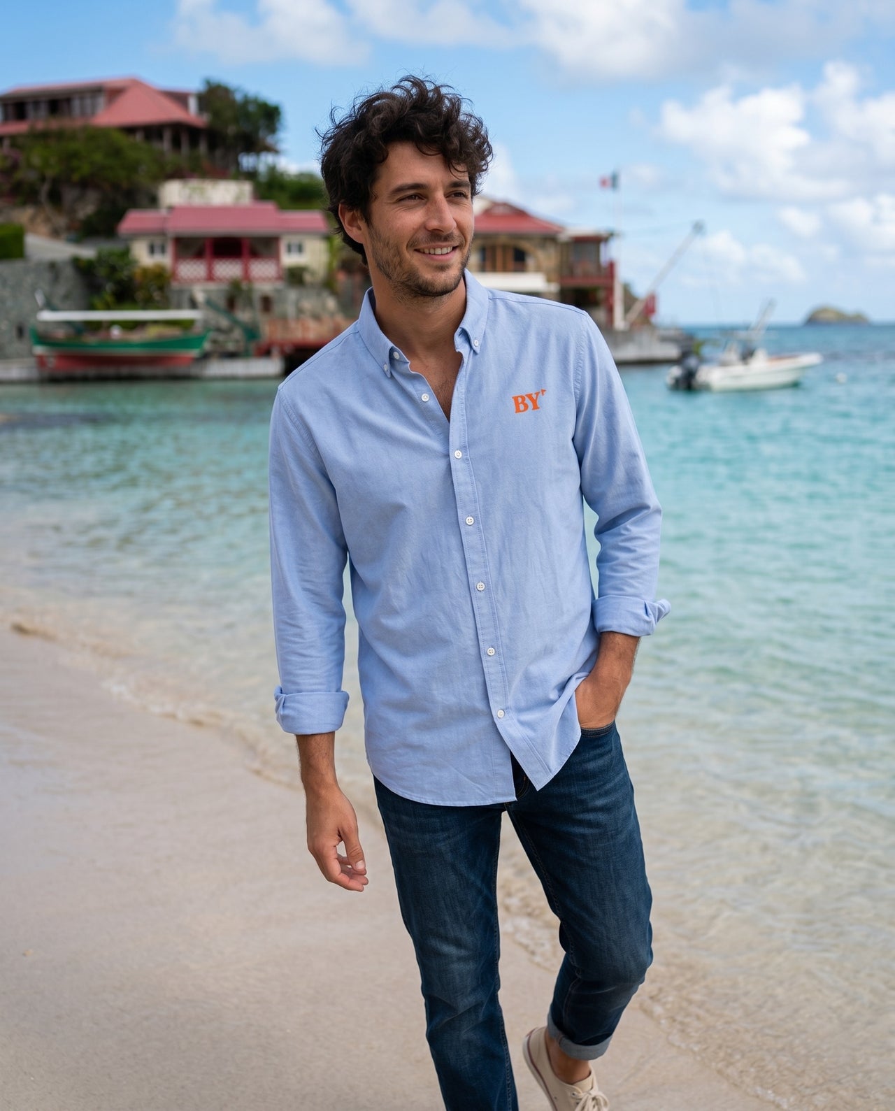 Chemise BY Saint-Barthélémy Hommes bleu ciel Orange - Blanc