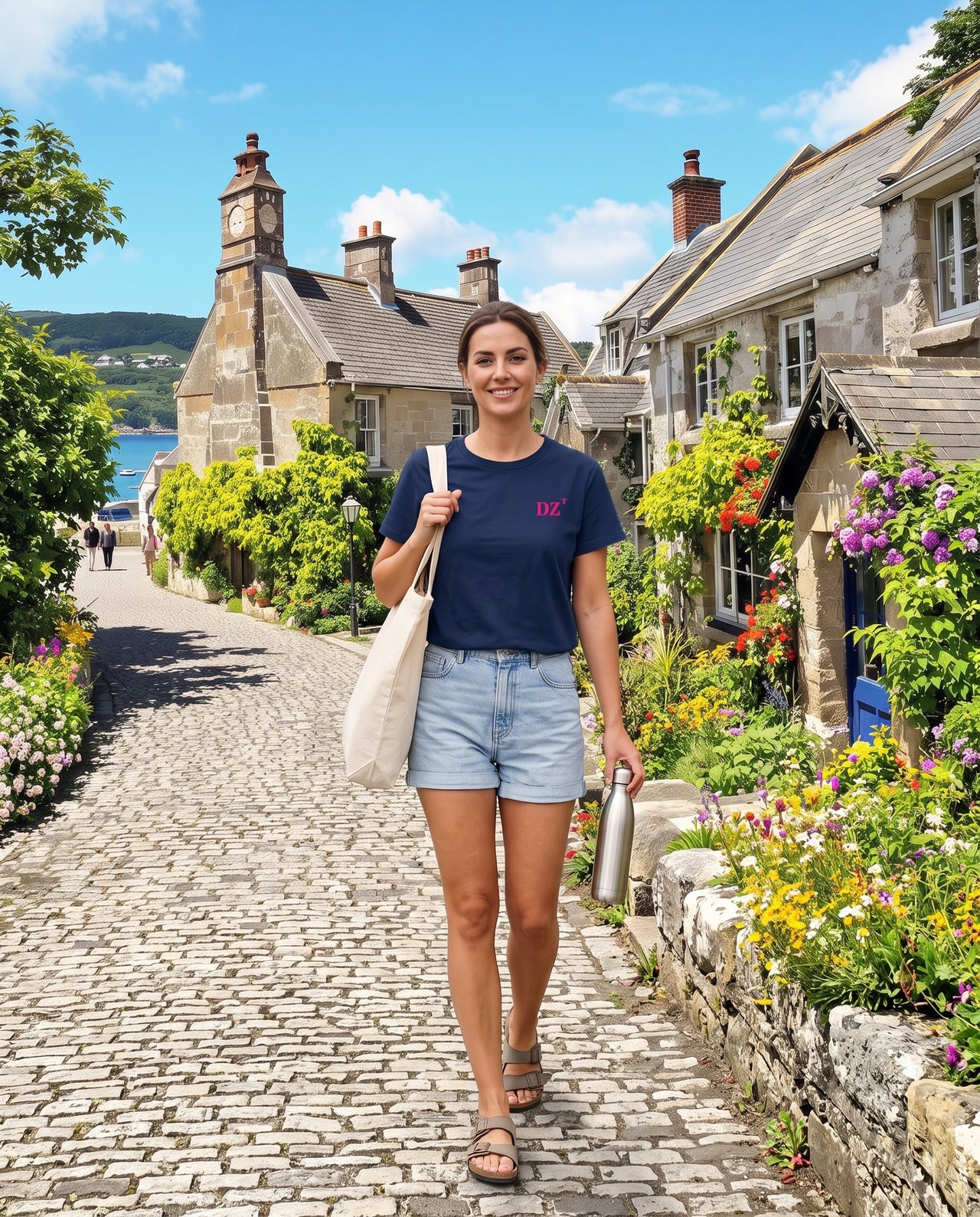 T-shirt brodé DZ Douarnenez  Bleu Marine - Rose - Femme