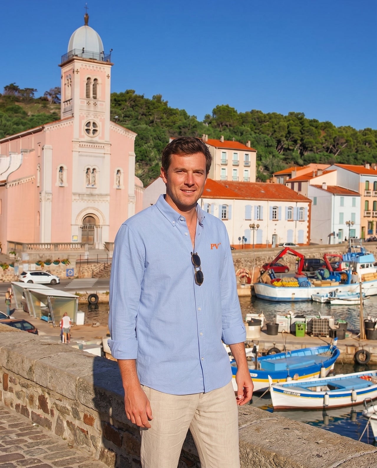 Chemise PV Port-Vendres Hommes bleu ciel Orange - Blanc