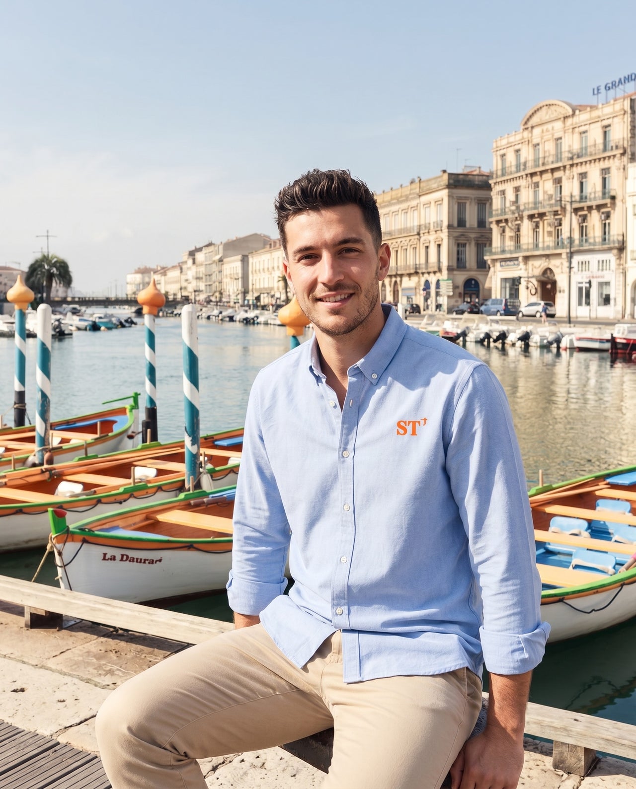 Chemise Sète Hommes bleu ciel Orange - Blanc