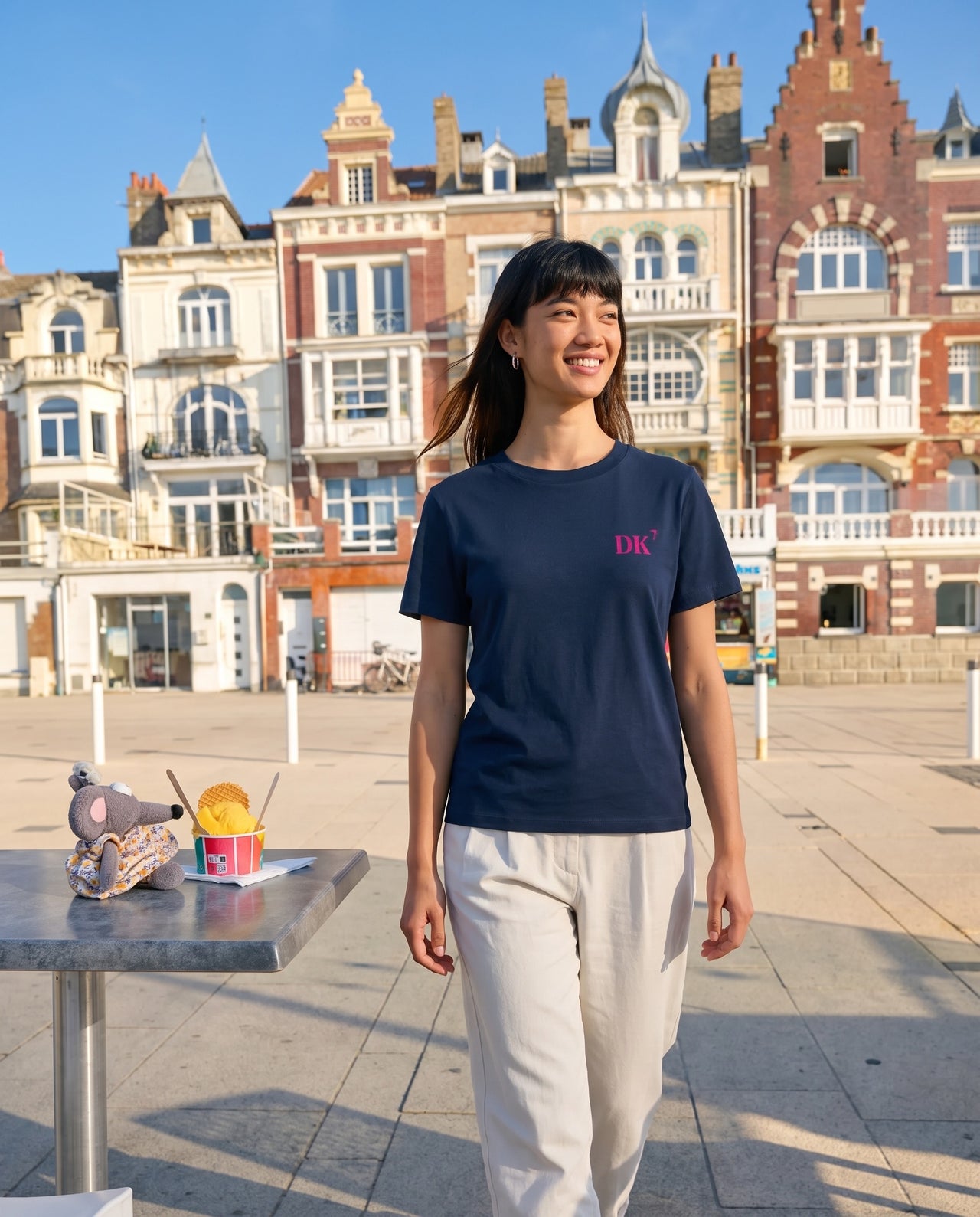 T-shirt brodé DK Dunkerque - Bleu et rose - Femmes