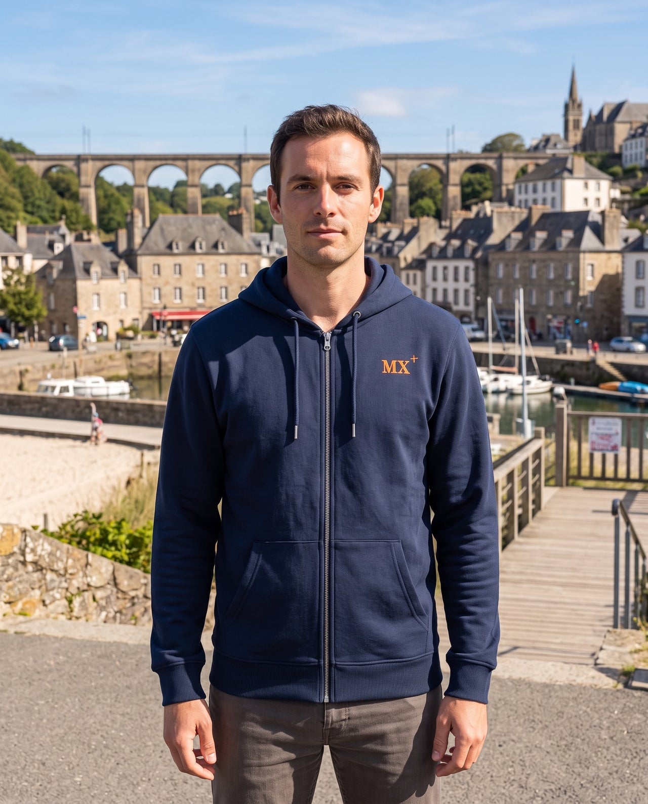 Sweat à capuche zippé Morlaix "MX" Bleu Marine et Orange - Unisexe