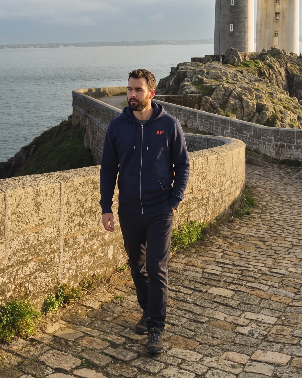 Sweat à capuche zippé Brest "BR" Bleu Marine et Orange - Unisexe
