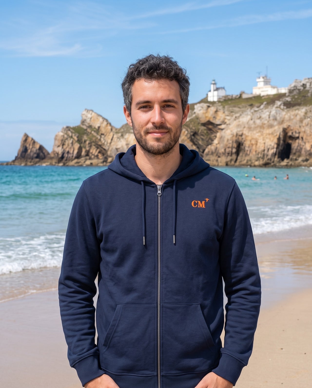 Sweat à capuche zippé Camaret "CM" Bleu Marine et Orange - Unisexe