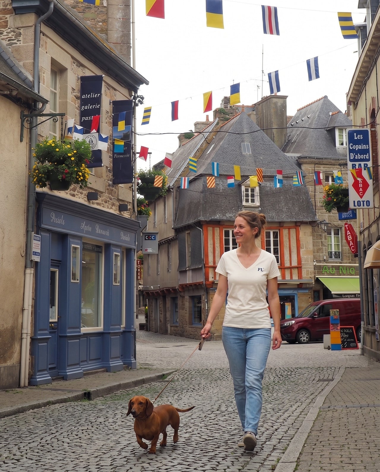 T-shirt Col V brodé Paimpol PL - Beige et Bleu Marine