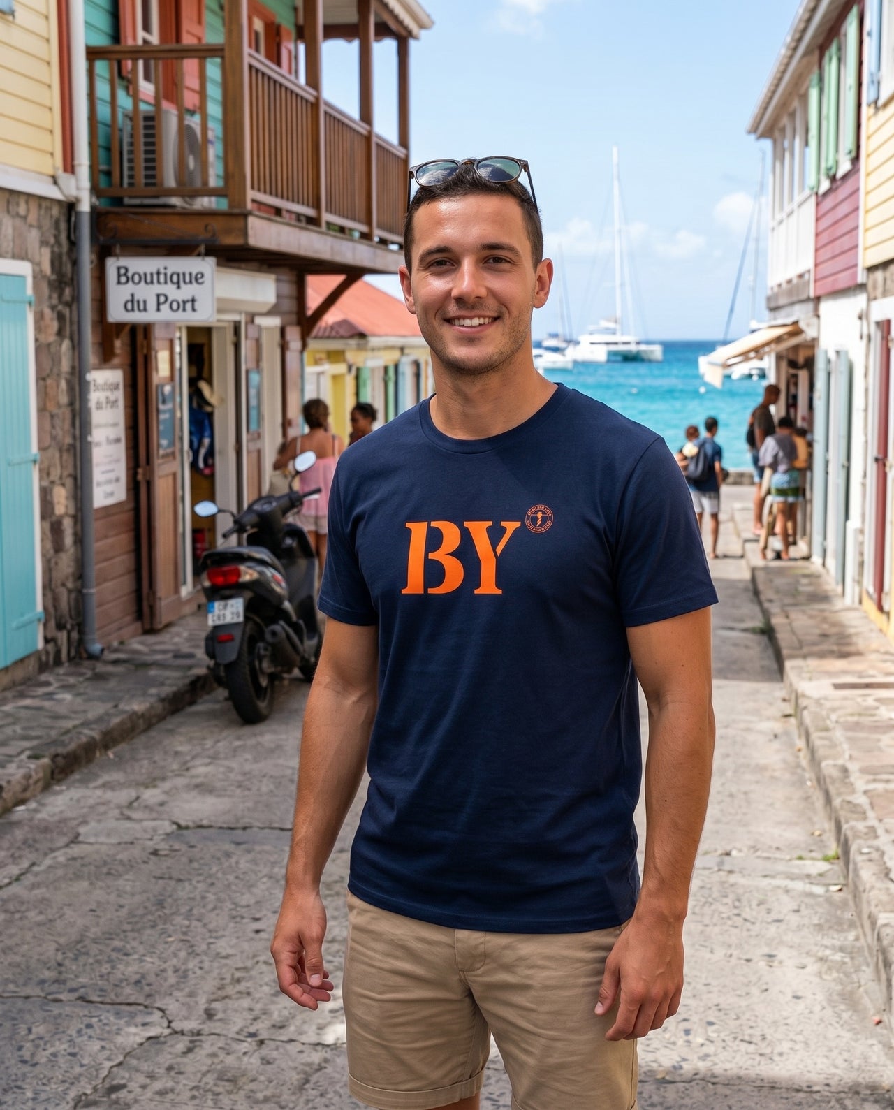 T-shirt Saint-Barthélemy BY Bleu Marine et Orange