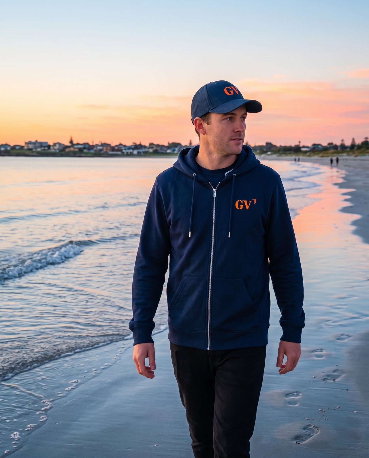 Sweat à capuche zippé "LE GUILVINEC"-  Bleu Marine et Orange - Unisexe
