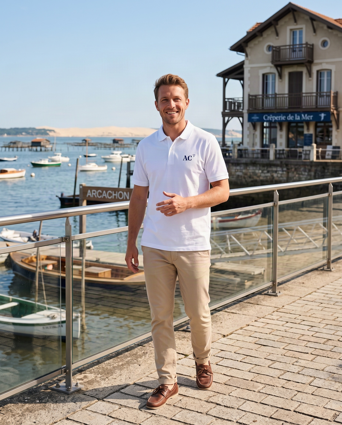 Polo Arcachon AC Blanc brodé Bleu Marine