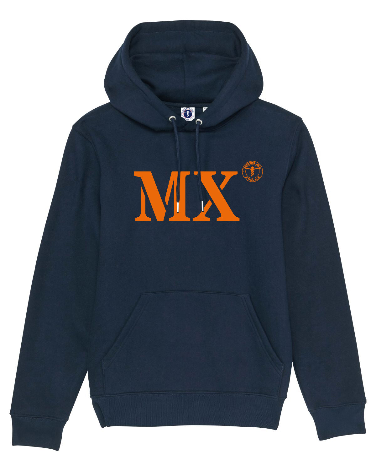 SWEAT CAPUCHE QUARTIER IODE MX MORLAIX, hoodie breton, en coton bio. Idéal pour hommes et femmes., déclinable pour tous les ports de la bretagne. Bleu marine et orange.