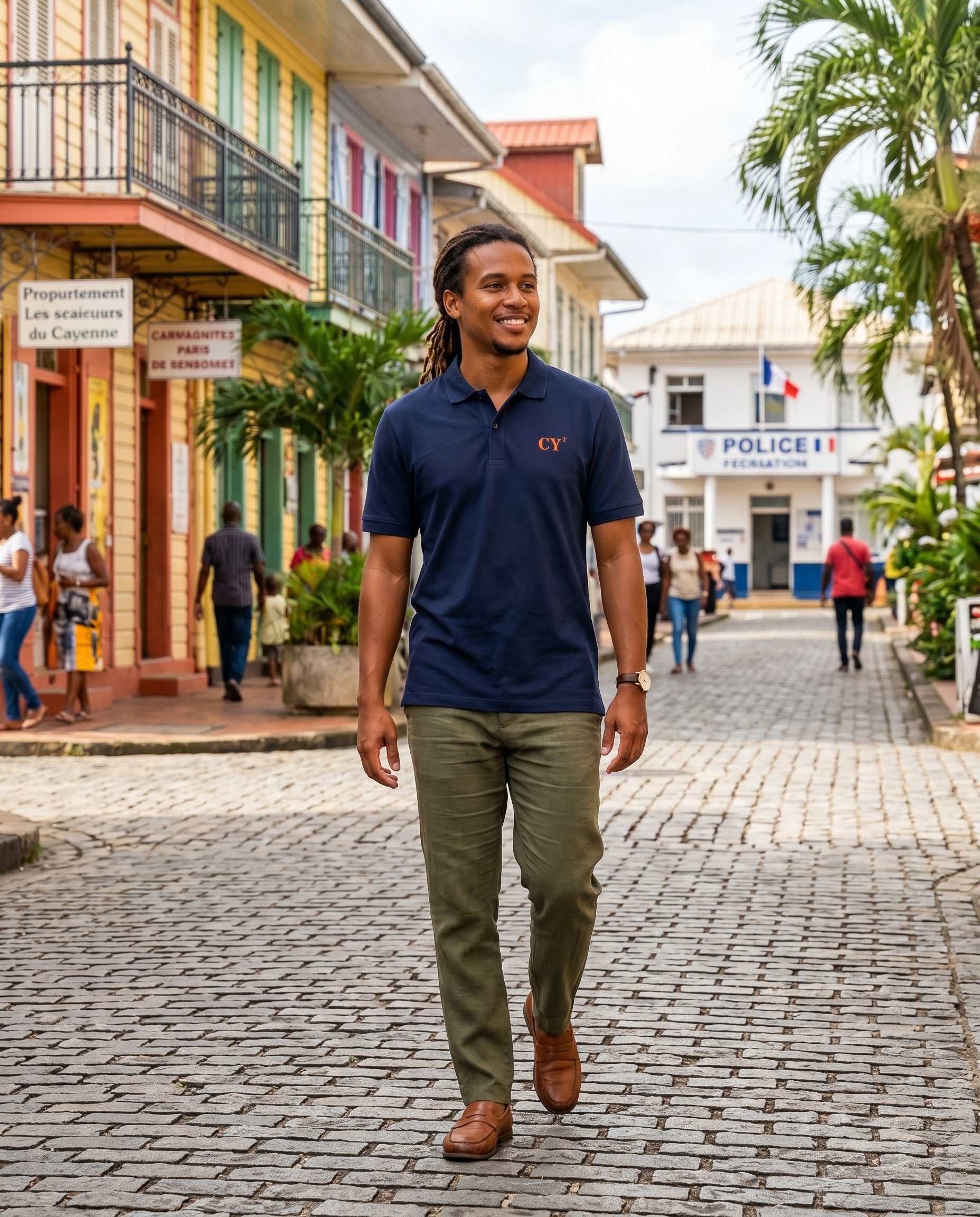 Polo brodé Cayenne CY Marine - Orange / Blanc - Quartier iodé