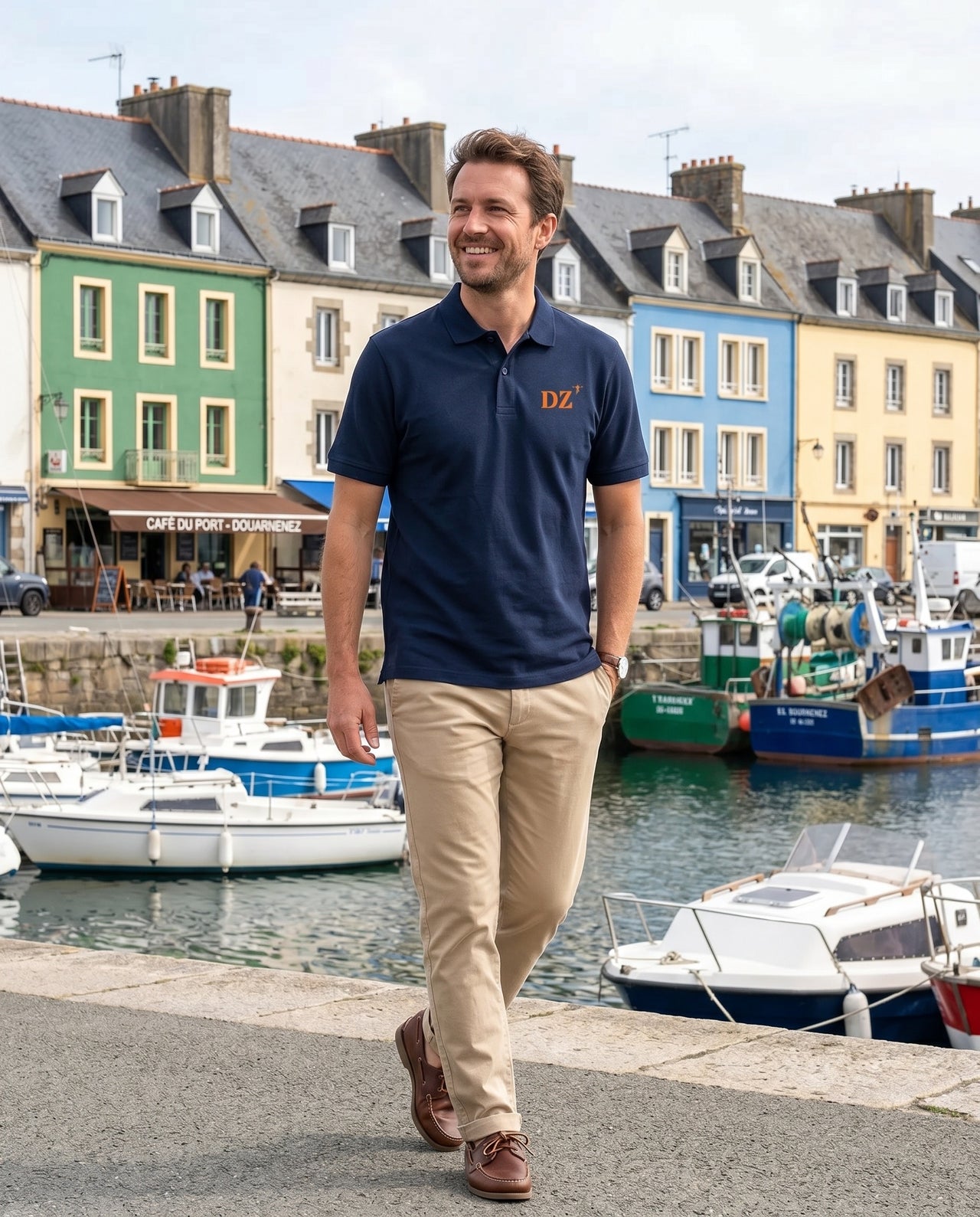 Polo Homme brodé DZ Douarnenez Bleu Marine Orange / Blanc - Quartier iodé