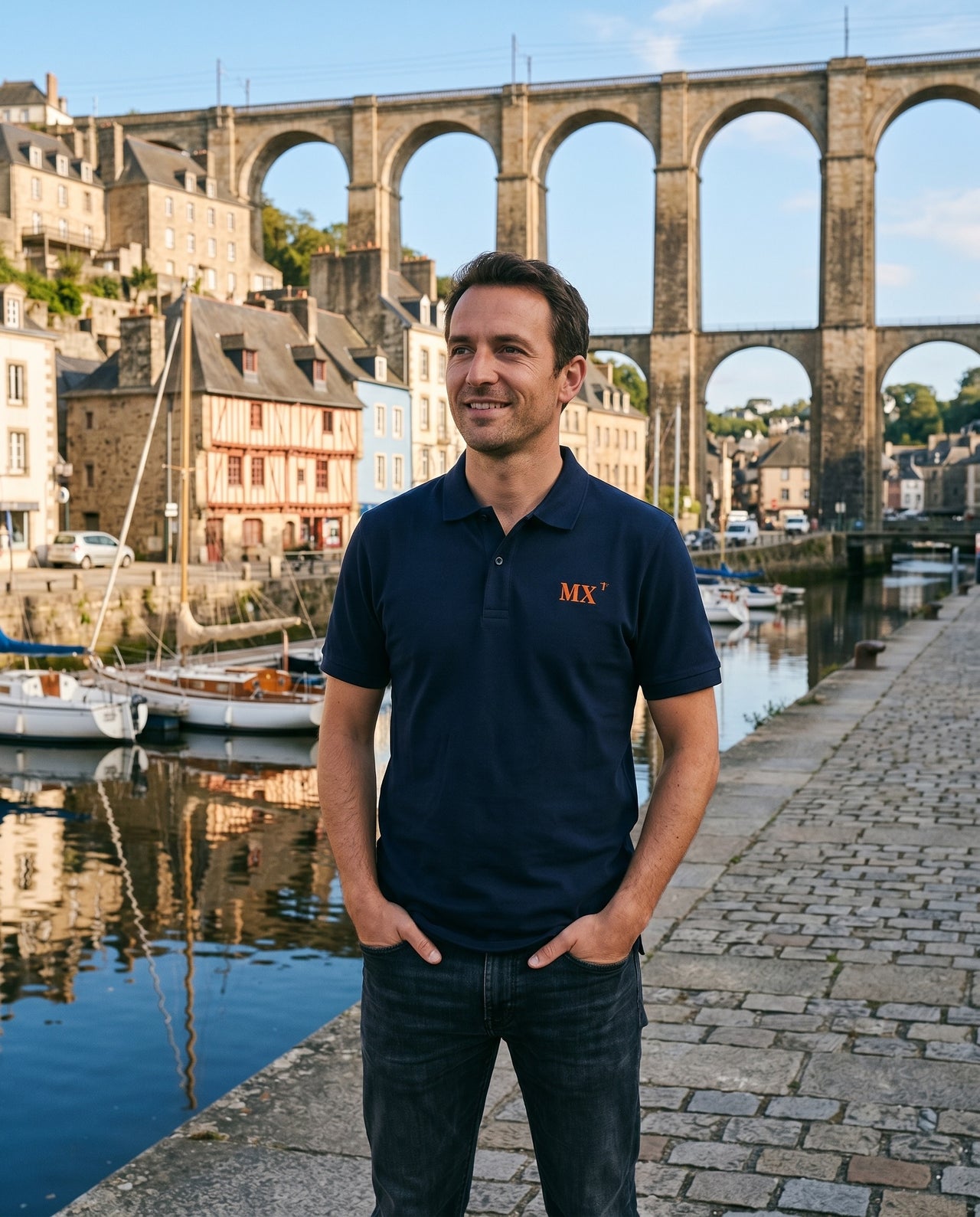 Polo brodé Morlaix MX Bleu Marine Orange / Blanc - Unisexe - Quartier iodé