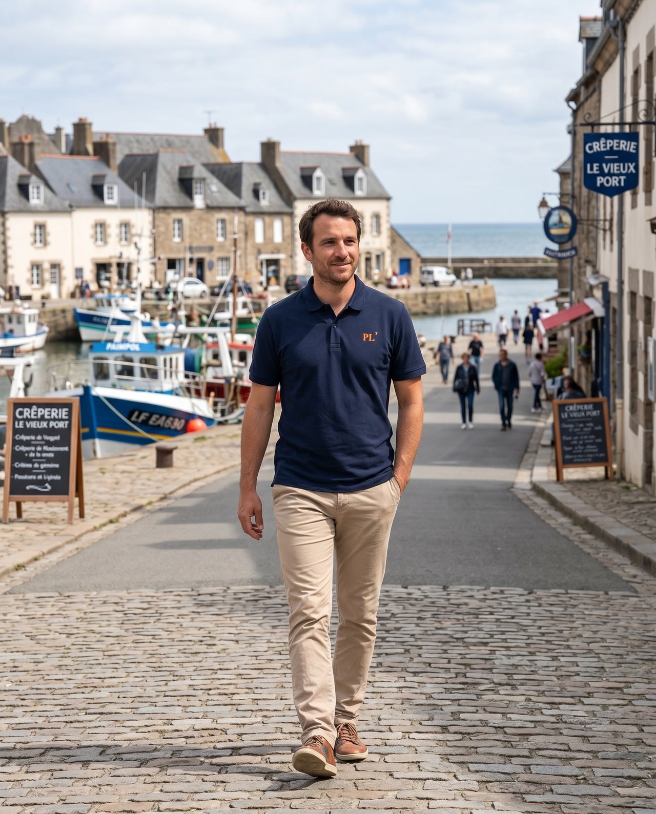 Polo brodé Paimpol PL Bleu Marine Orange / Blanc - Quartier iodé