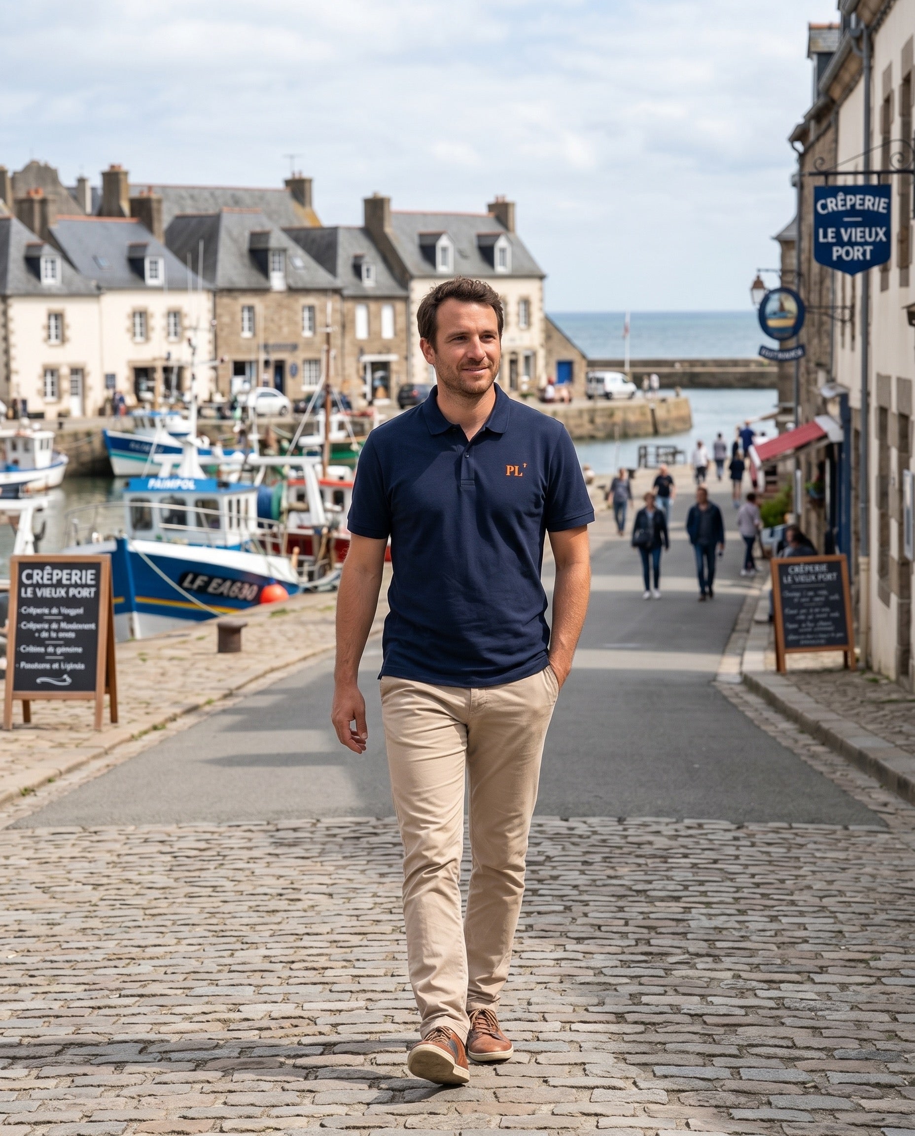 Polo brodé Paimpol PL Bleu Marine Orange / Blanc - Quartier iodé