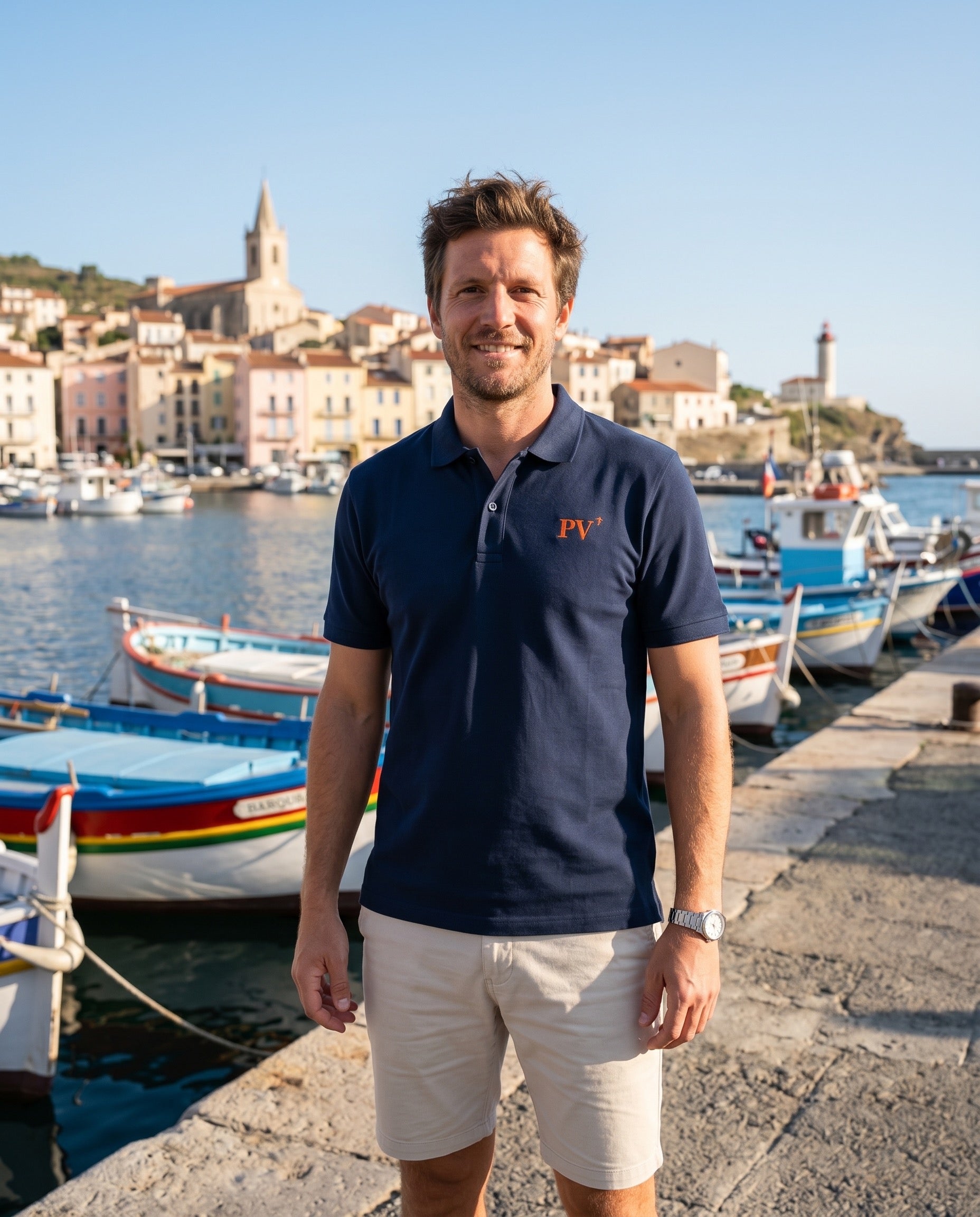 Polo brodé PV Bleu Marine Orange / Blanc - Quartier iodé