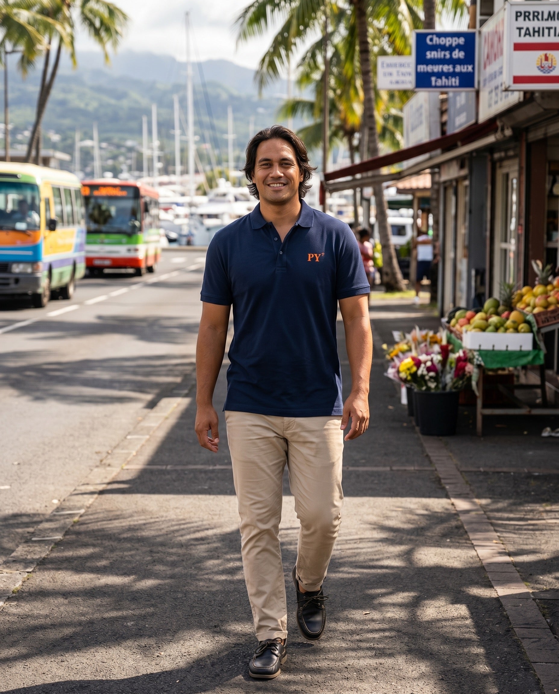 Polo brodé Papeete PY Bleu Marine Orange / Blanc - Quartier iodé