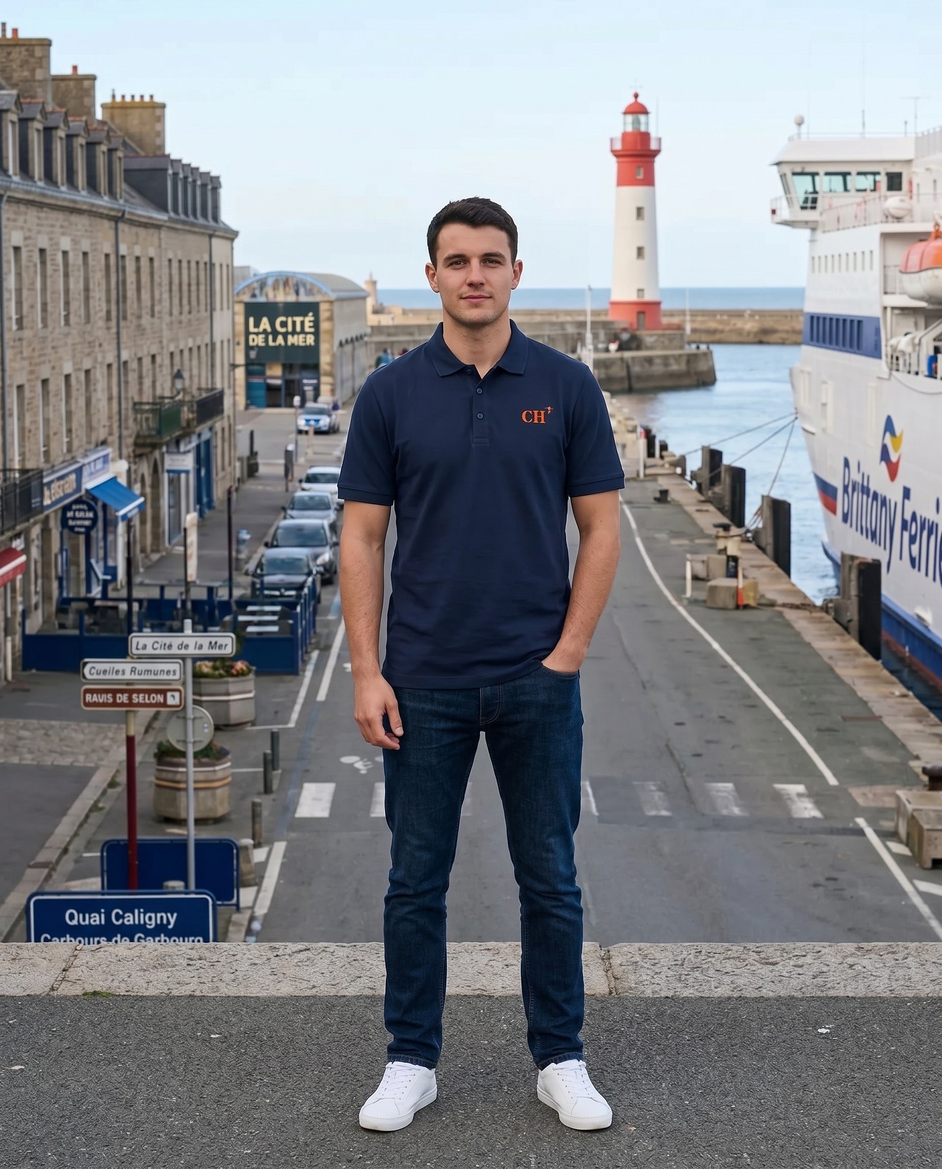 Polo brodé CH Cherbourg - Bleu Marine - Orange / Blanc - Homme - Quartier iodé