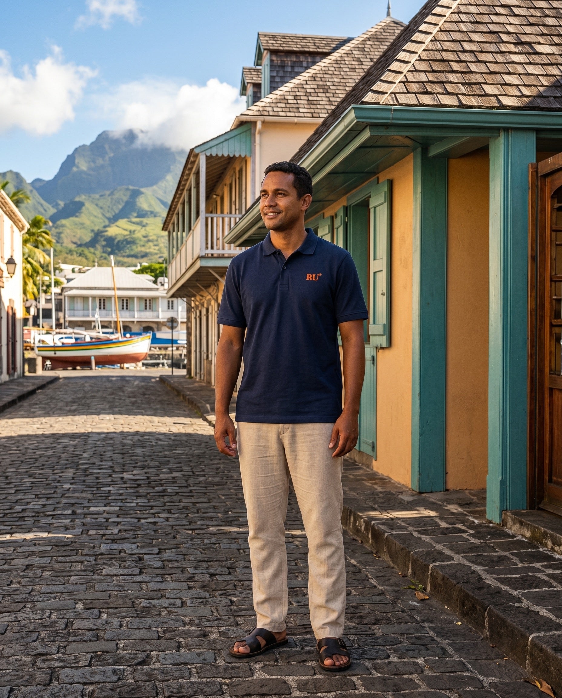 Polo brodé La Réunion RU Bleu Marine Orange / Blanc - Quartier iodé