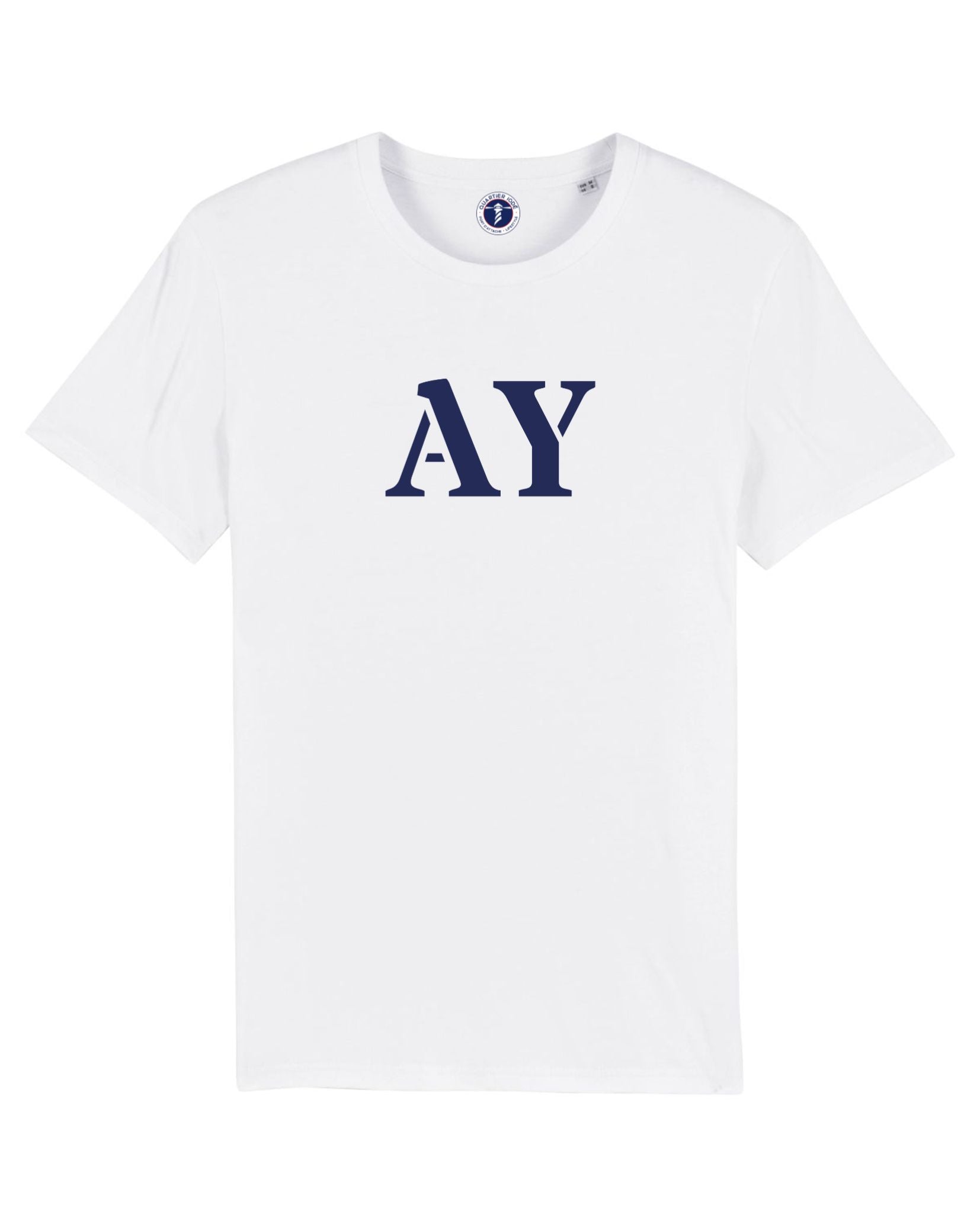 AY pour Auray, Tshirt ado et enfant blanc et bleu de la marque de vêtements bretons Quartier Iodé.