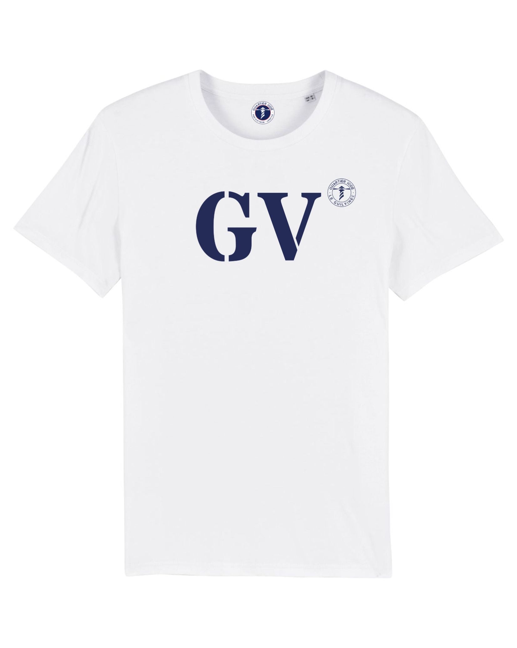 GV pour Le Guilvinec, en Bretagne. Imprimé sur Tshirt blanc et bleu, un bon basic de chez Quartier Iodé, marque de vêtement bretonne 