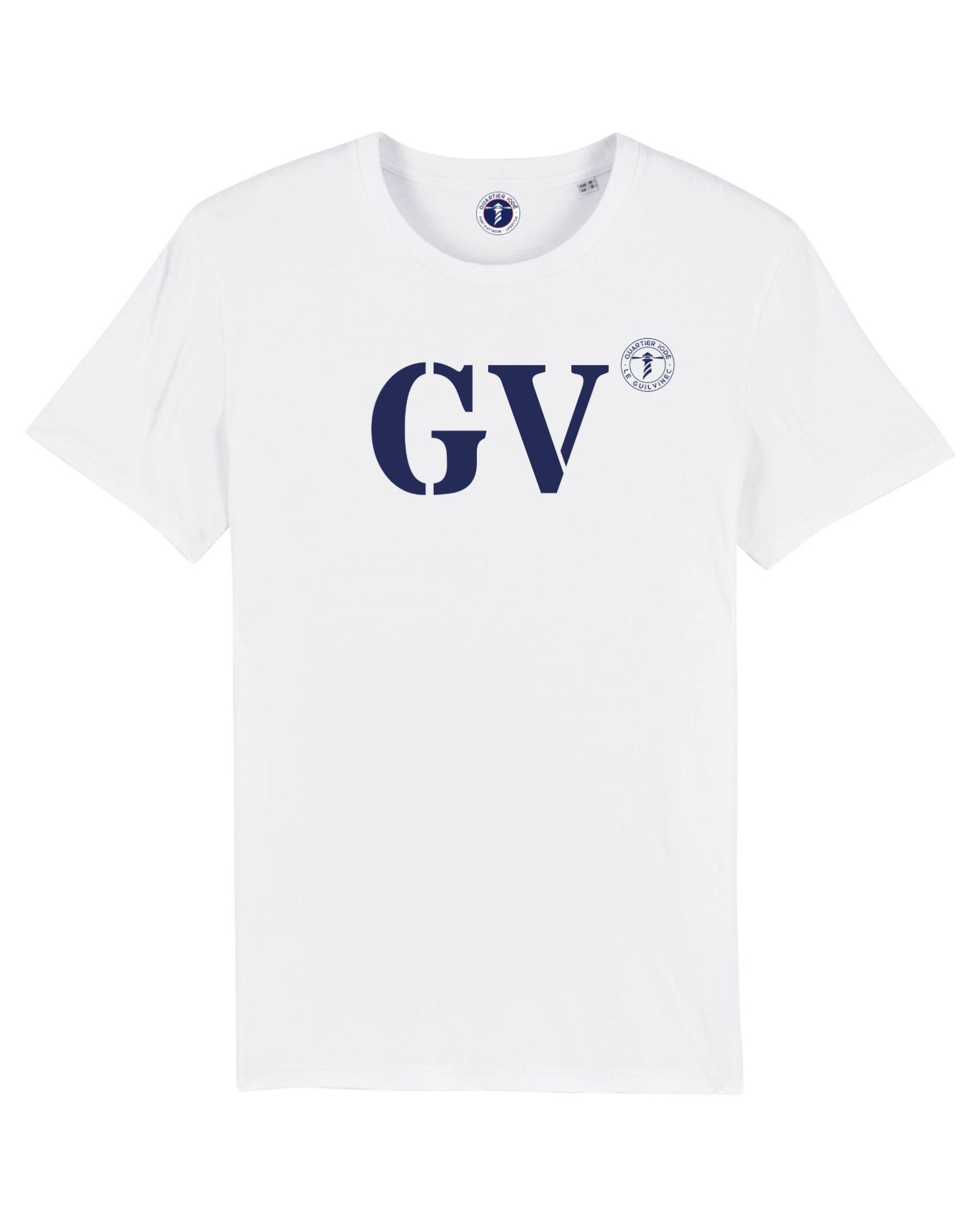 GV pour Le Guilvinec, en Bretagne. Imprimé sur Tshirt blanc et bleu, un bon basic de chez Quartier Iodé, marque de vêtement bretonne