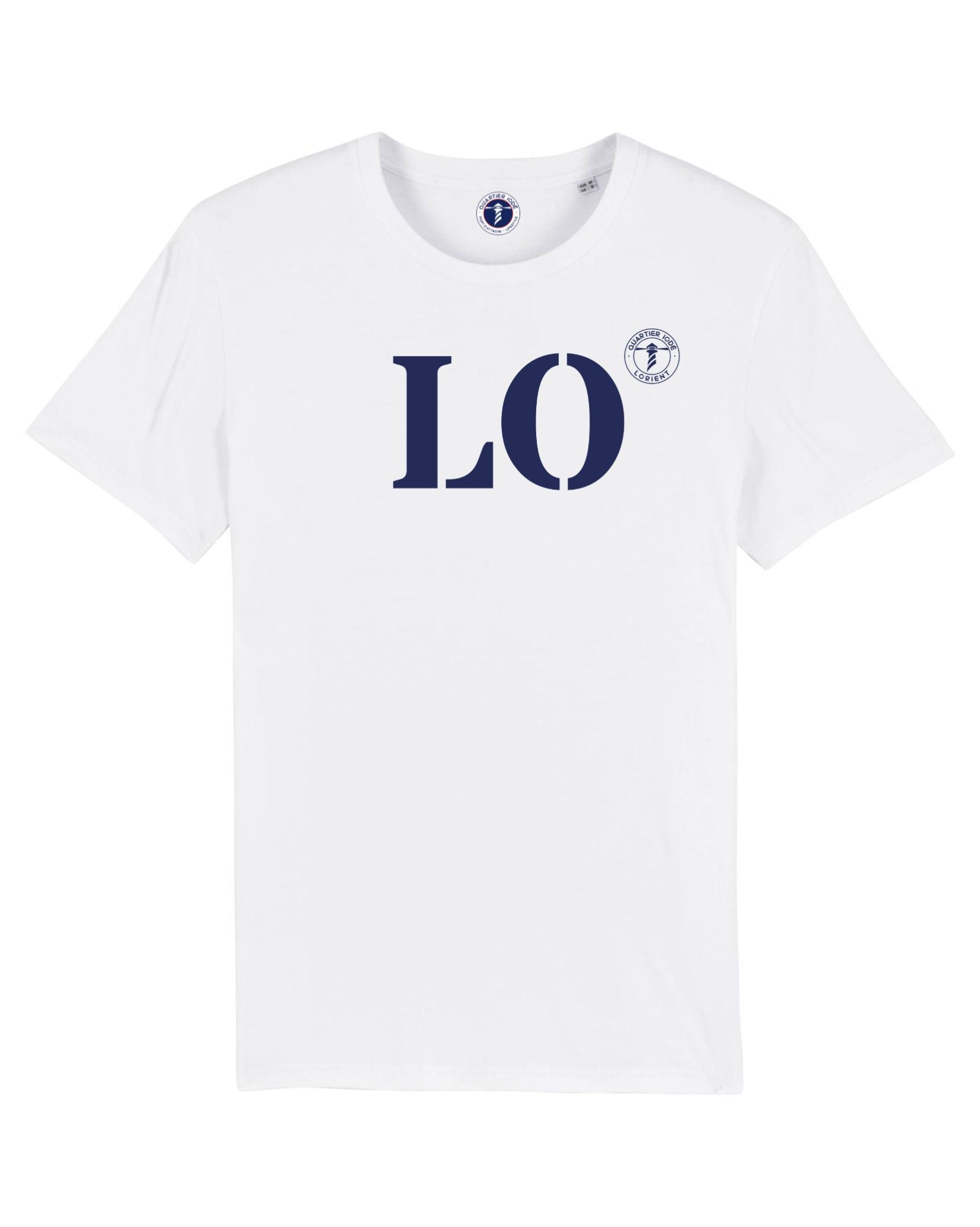 Tshirt LO pour Lorient, par Quartier Iodé, en coton blanc et biologique. Inscription bleue, pour homme et femme.