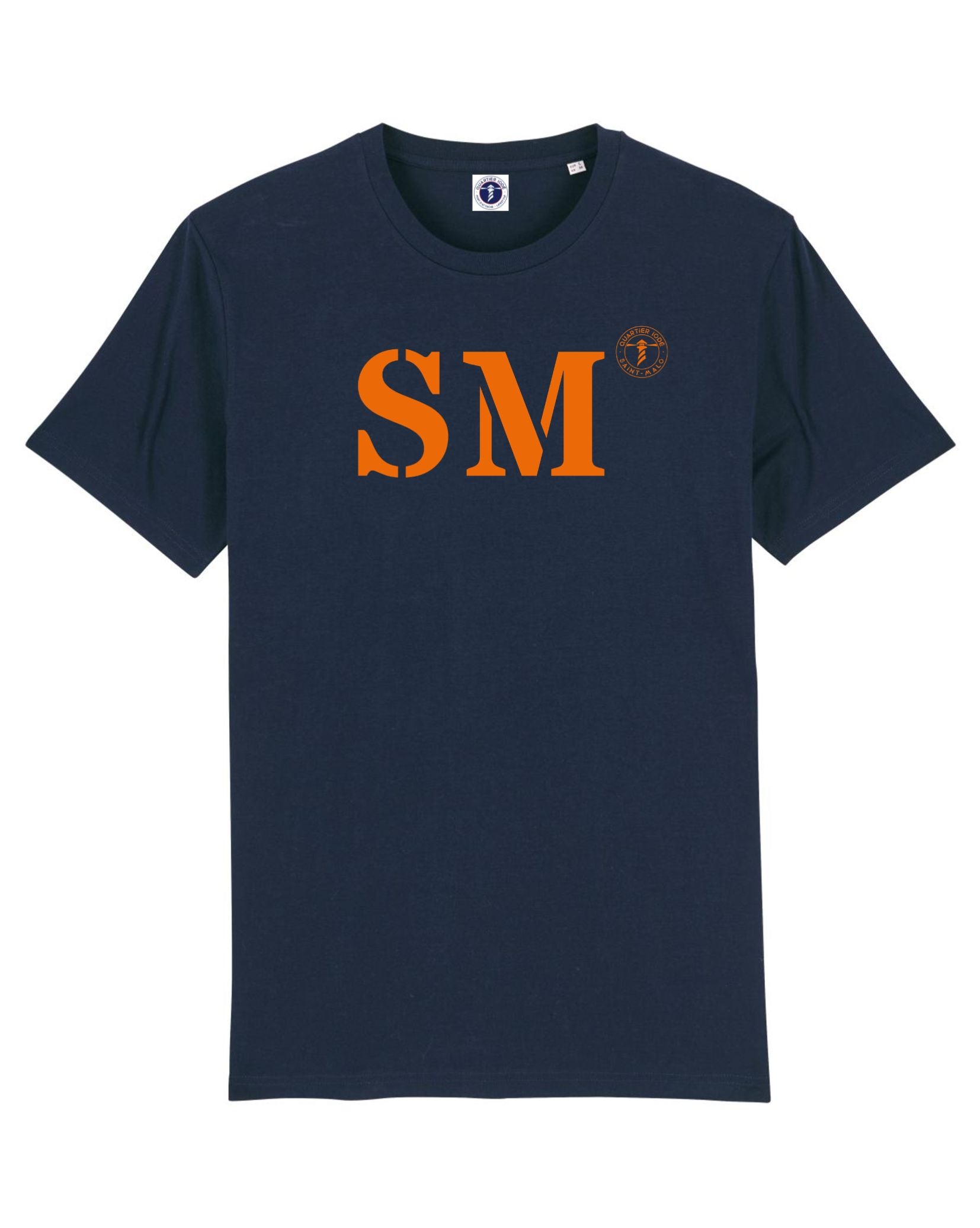 Tshirt navy, bleu marine avec initiale SM pour Saint Malo en Orange. Design chic et moderne pour ce Tshirt unisexe de la marque bretonne Quartier Iode. 