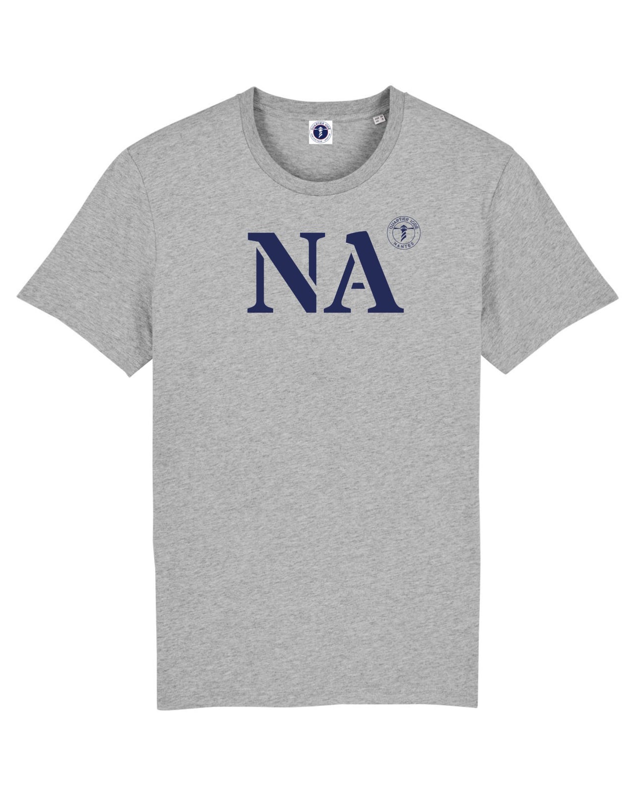La ville de Nantes (NA) sur notre tshirt basic gris et bleu Quartier Iodé, pour hommes et femmes. Un style brut et chic, dans l'esprit breton.