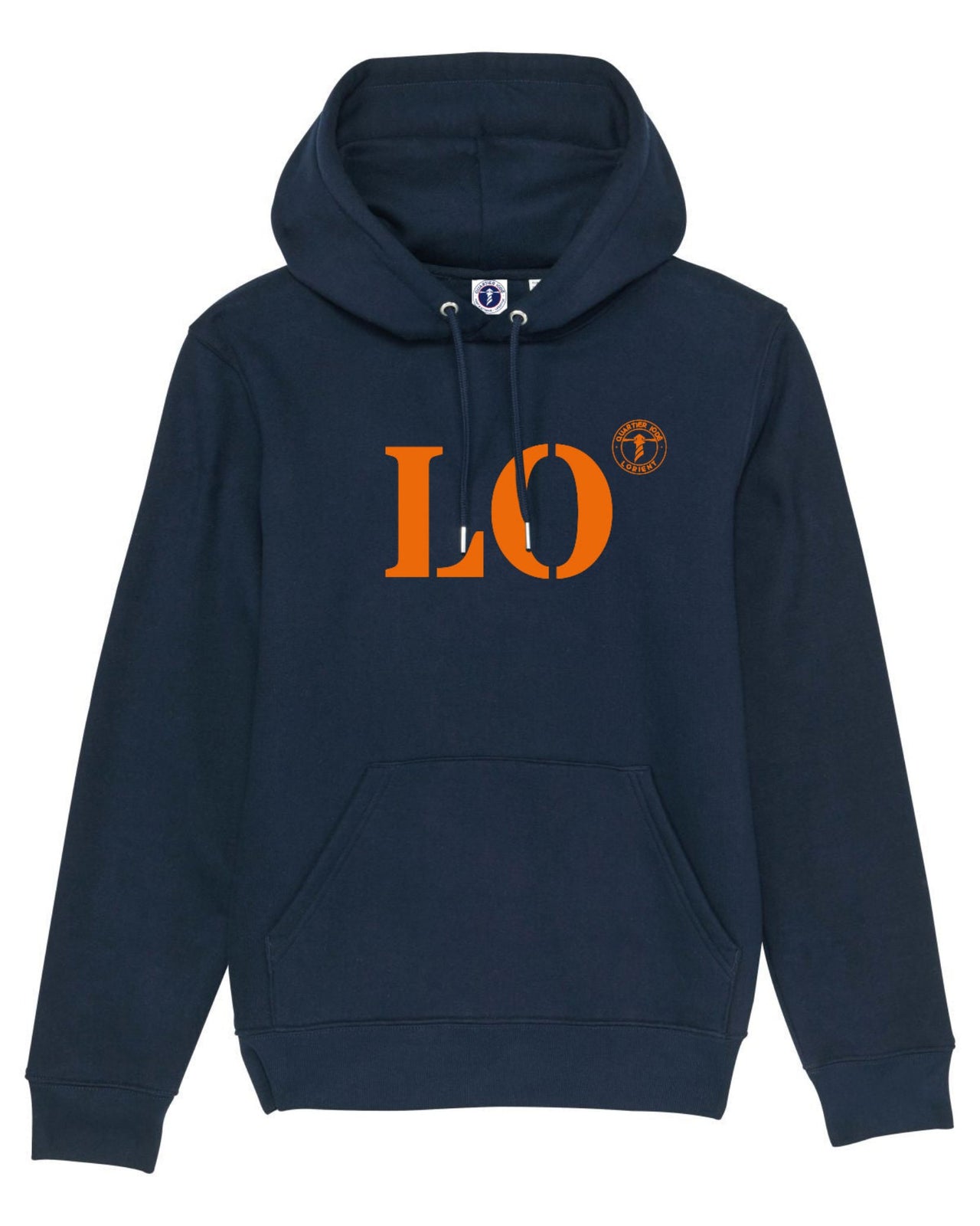 SWEAT CAPUCHE QUARTIER IODE LO LORIENT, hoodie breton, en coton bio. Idéal pour hommes et femmes., déclinable pour tous les ports de la bretagne. Bleu marine et orange.